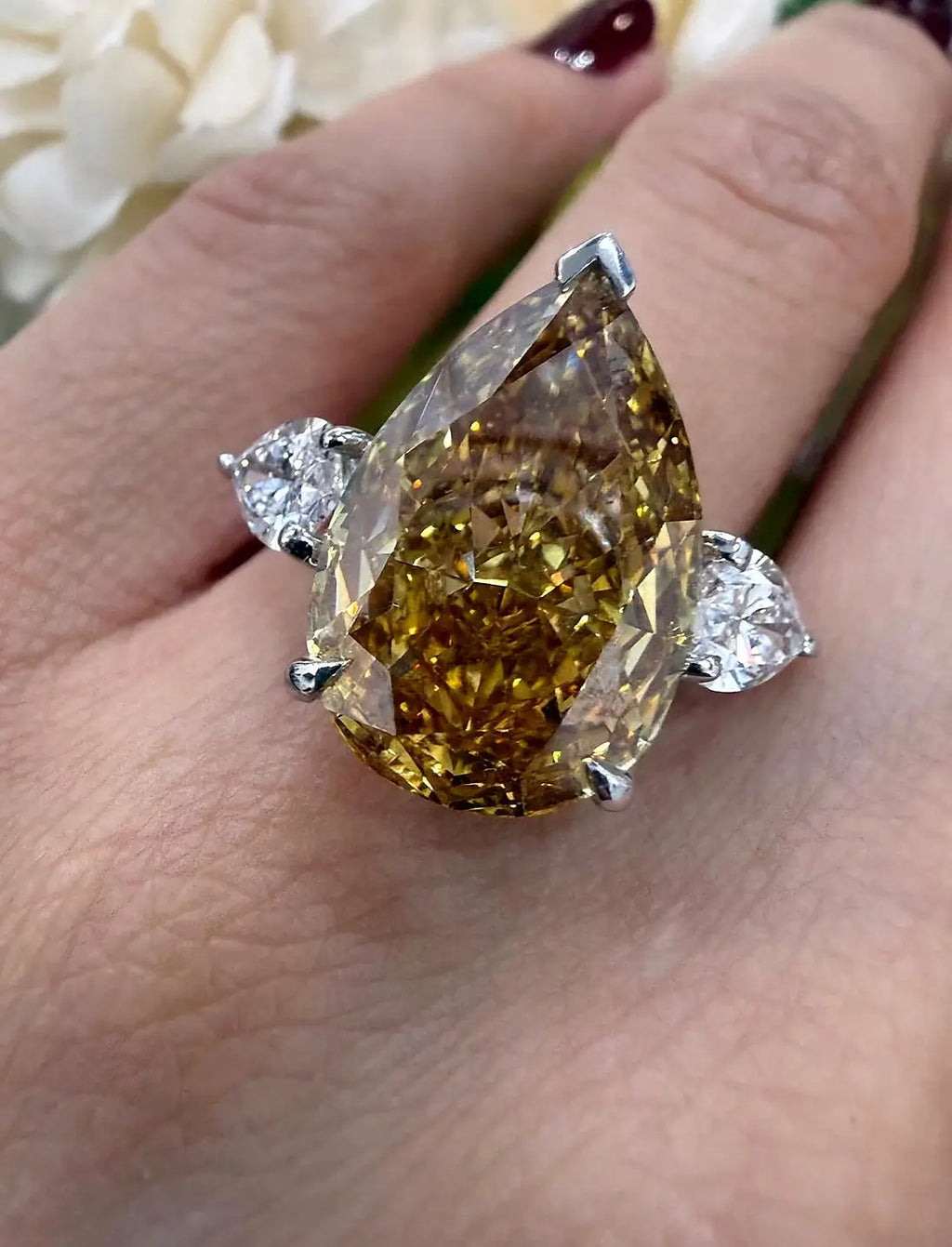 Pear Diamond Fancy Vivid Brownish Engagement Ring side Pear Trilogy Ring IGI Lab Grown in Platinum