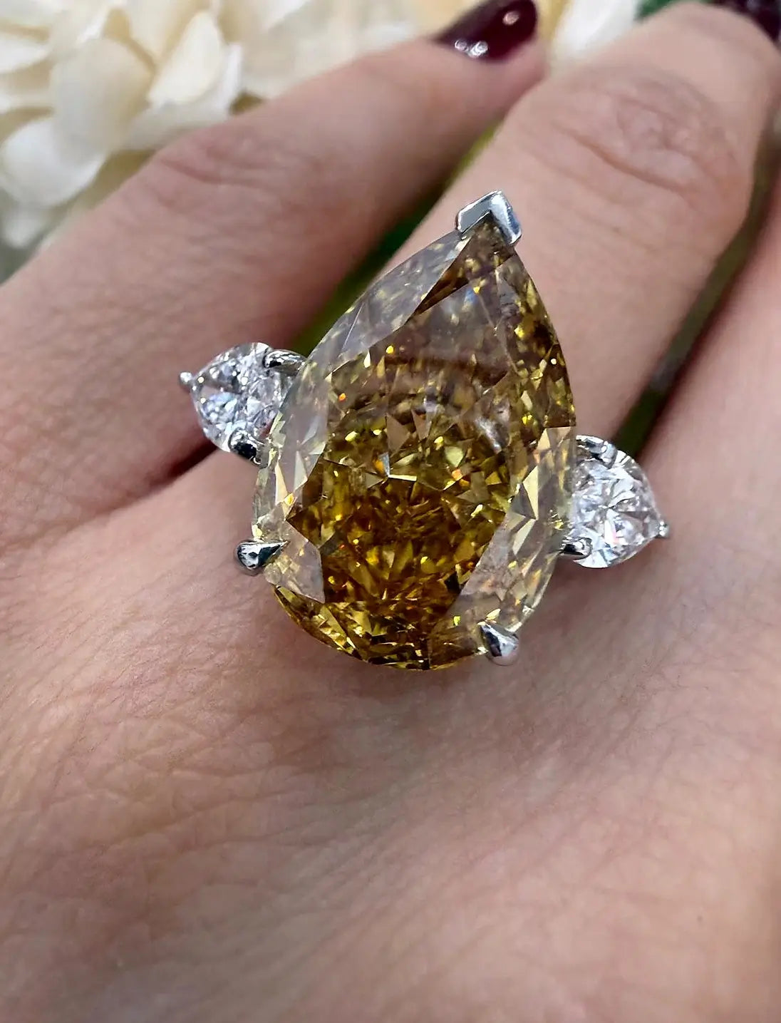 Pear Diamond Fancy Vivid Brownish Engagement Ring side Pear Trilogy Ring IGI Lab Grown in Platinum