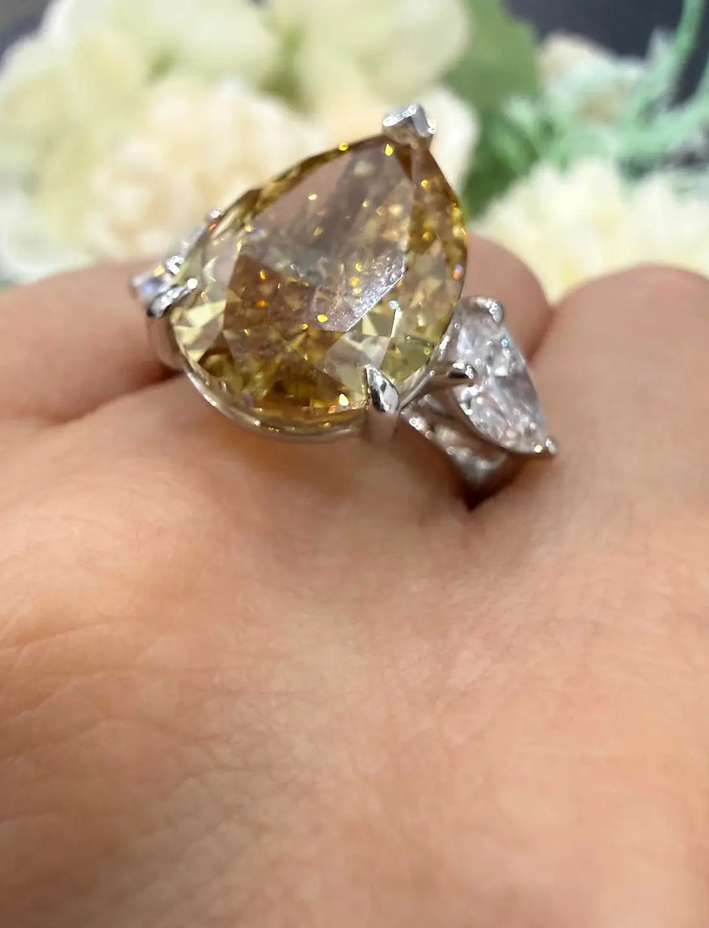 Pear Diamond Fancy Vivid Brownish Engagement Ring side Pear Trilogy Ring IGI Lab Grown in Platinum