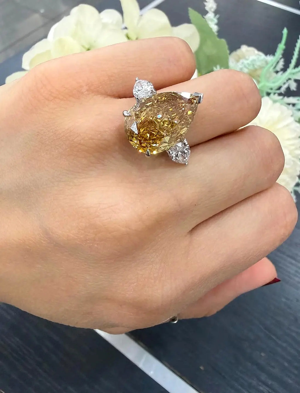 Pear Diamond Fancy Vivid Brownish Engagement Ring side Pear Trilogy Ring IGI Lab Grown in Platinum