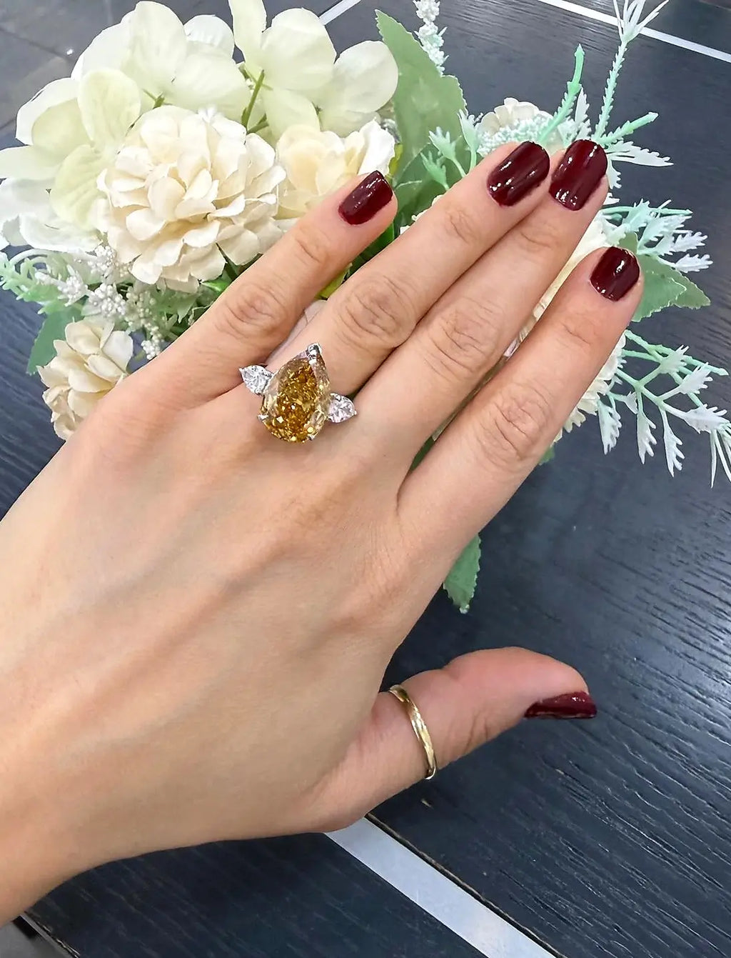 Pear Diamond Fancy Vivid Brownish Engagement Ring side Pear Trilogy Ring IGI Lab Grown in Platinum
