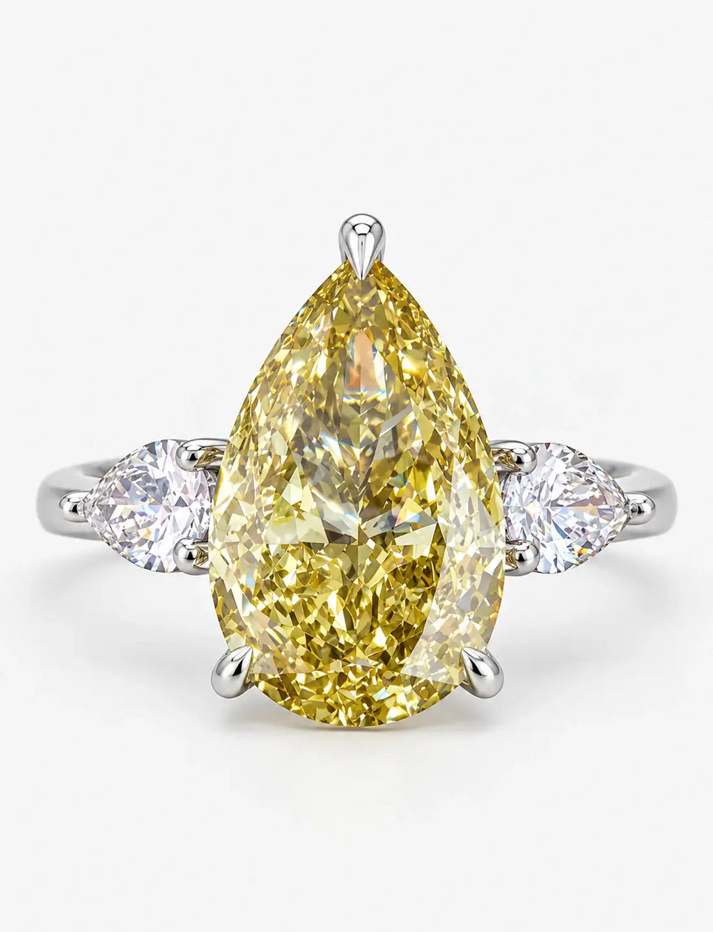 Pear Diamond Fancy Intense Yellow Engagement Ring side Pear Trilogy Ring IGI Lab Grown in Platinum