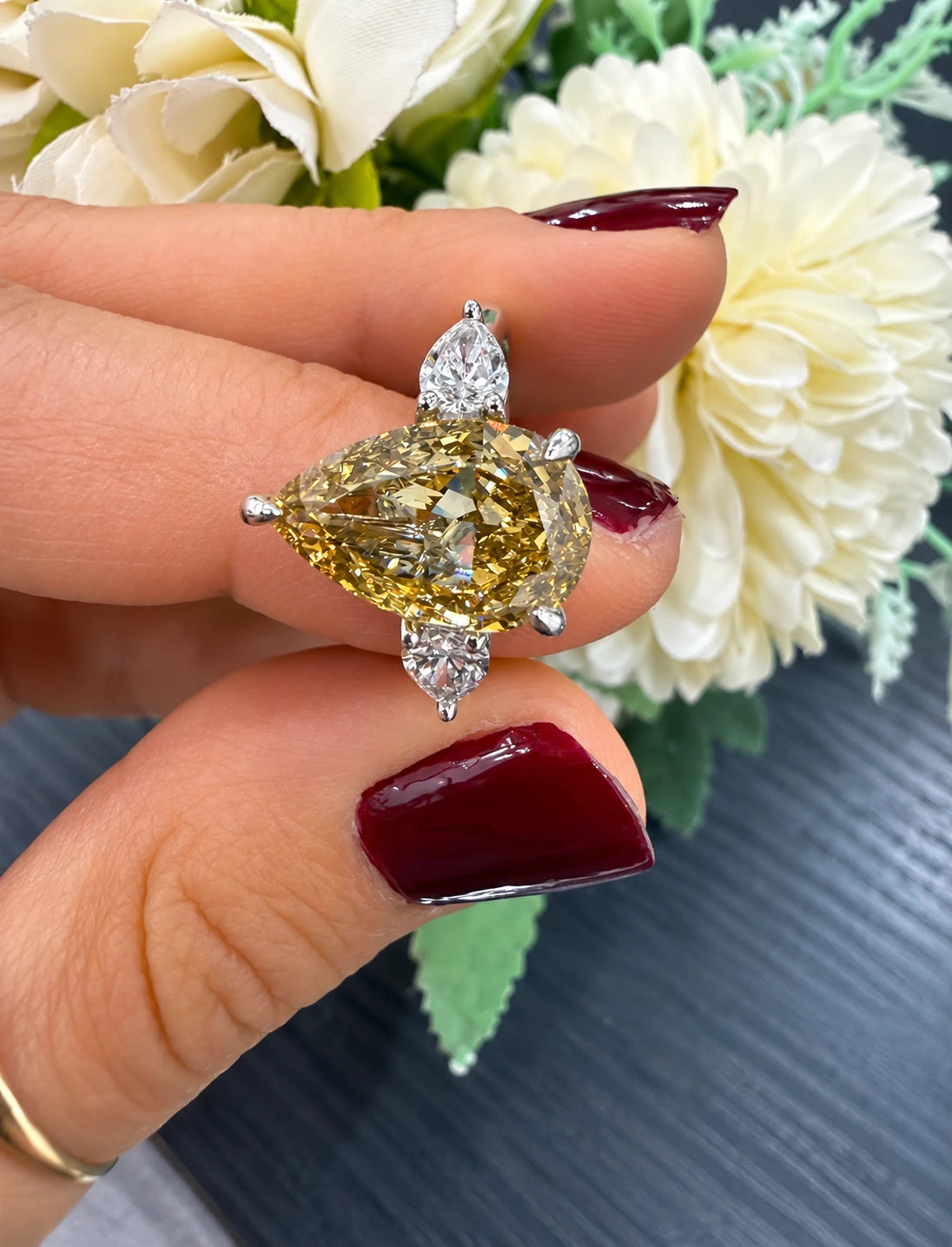 Pear Diamond Fancy Intense Yellow Engagement Ring side Pear Trilogy Ring IGI Lab Grown in Platinum