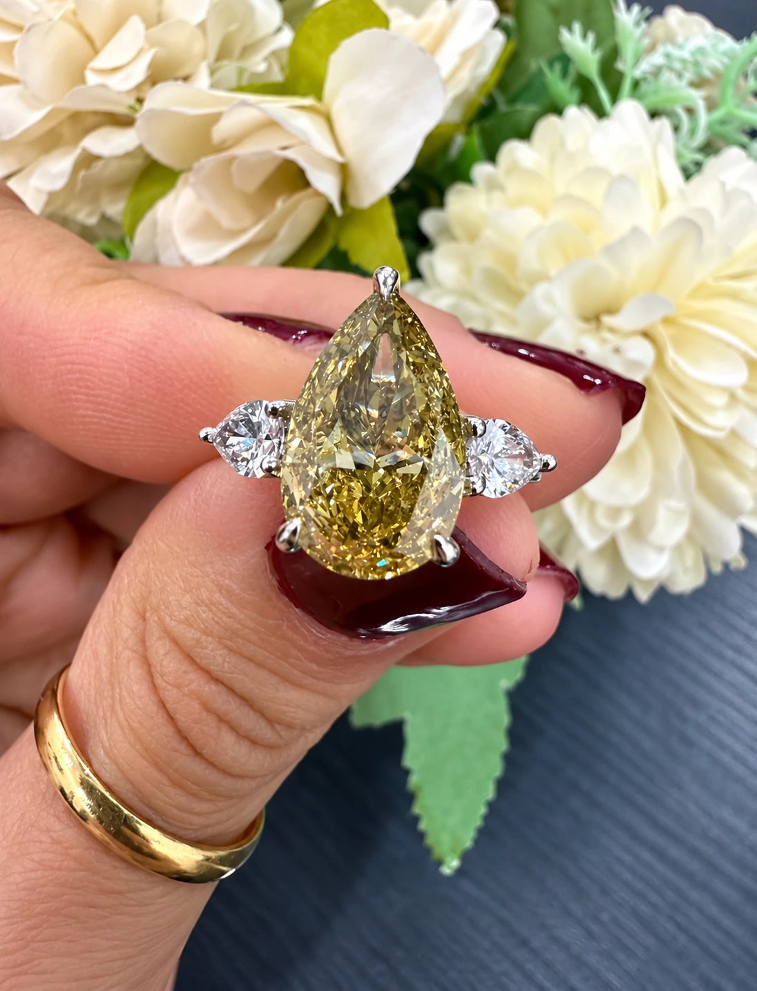 Pear Diamond Fancy Intense Yellow Engagement Ring side Pear Trilogy Ring IGI Lab Grown in Platinum