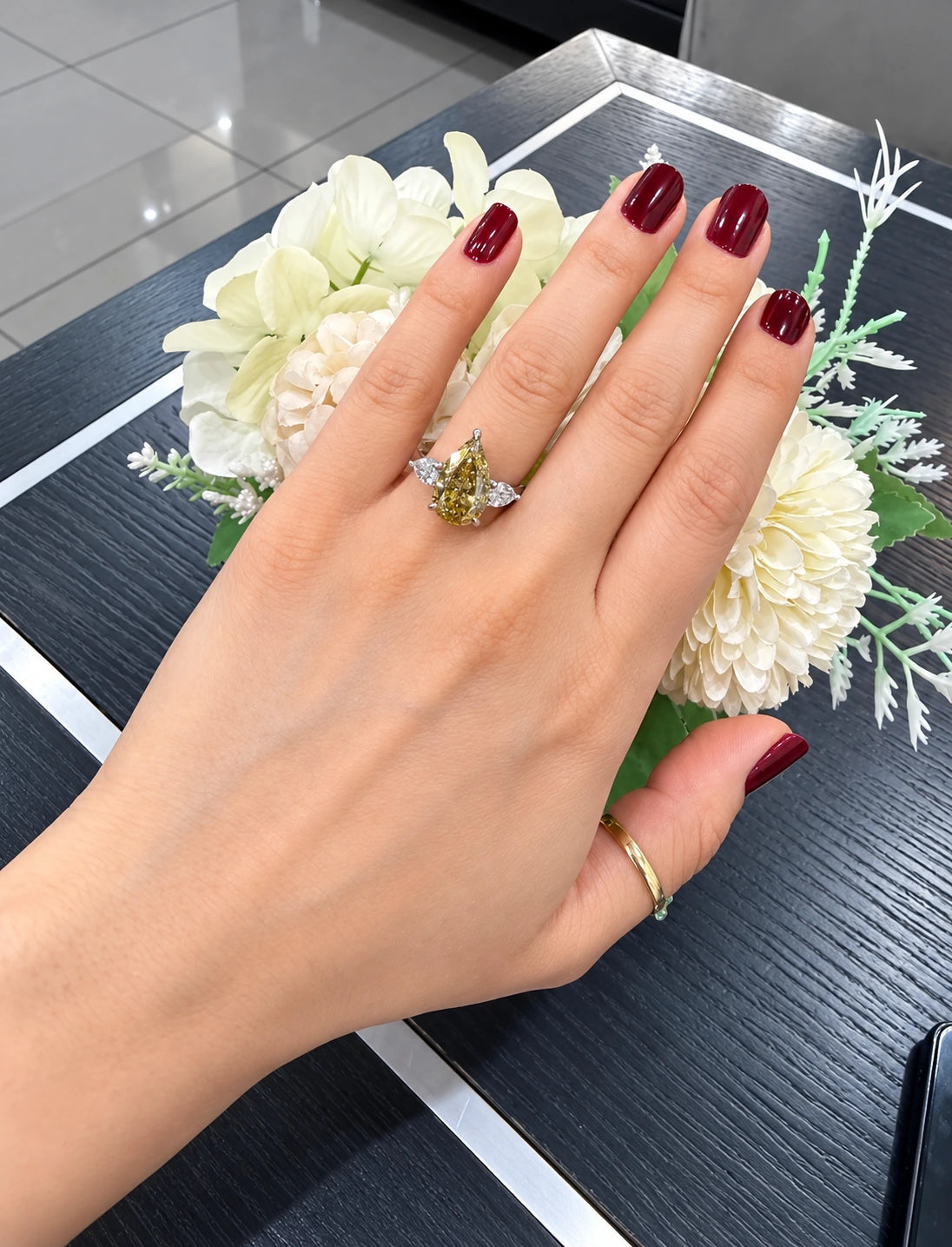 Pear Diamond Fancy Intense Yellow Engagement Ring side Pear Trilogy Ring IGI Lab Grown in Platinum