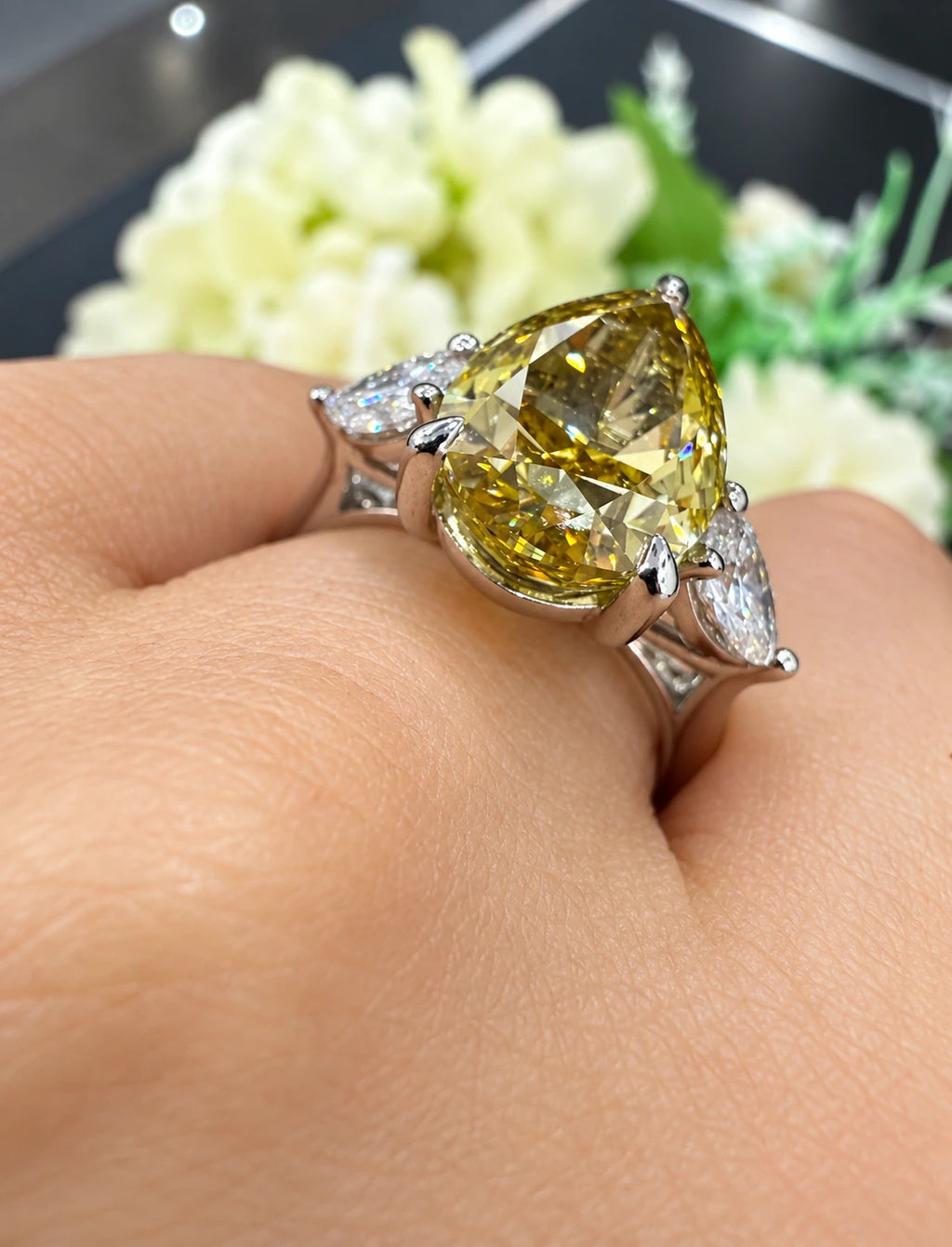 Pear Diamond Fancy Intense Yellow Engagement Ring side Pear Trilogy Ring IGI Lab Grown in Platinum