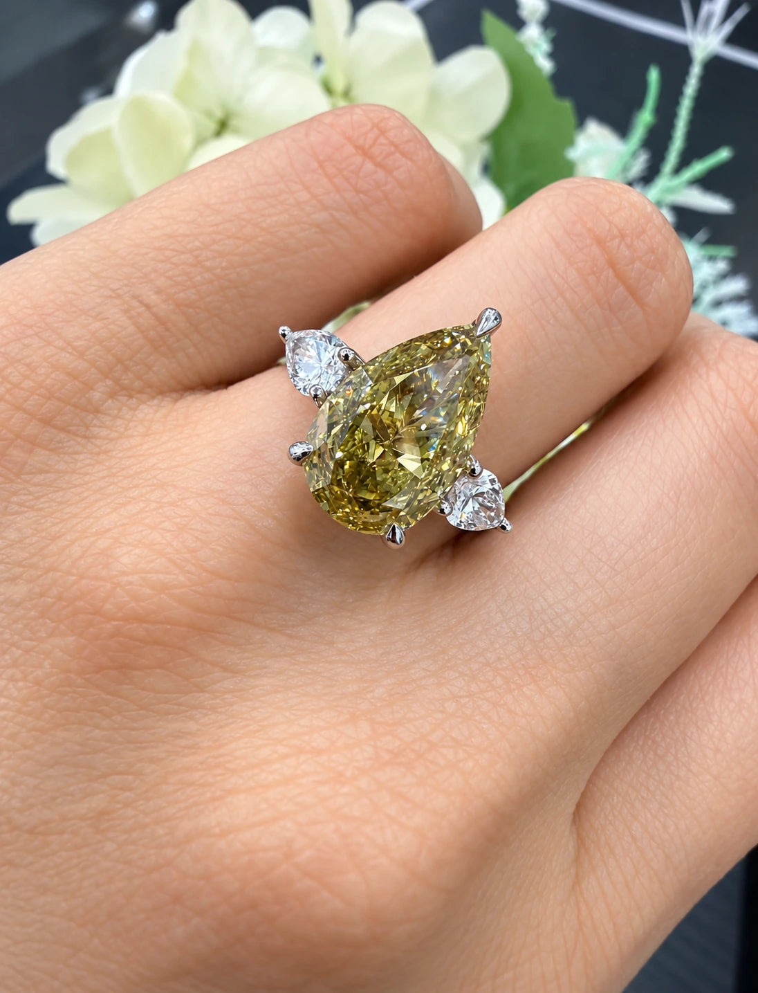 Pear Diamond Fancy Intense Yellow Engagement Ring side Pear Trilogy Ring IGI Lab Grown in Platinum