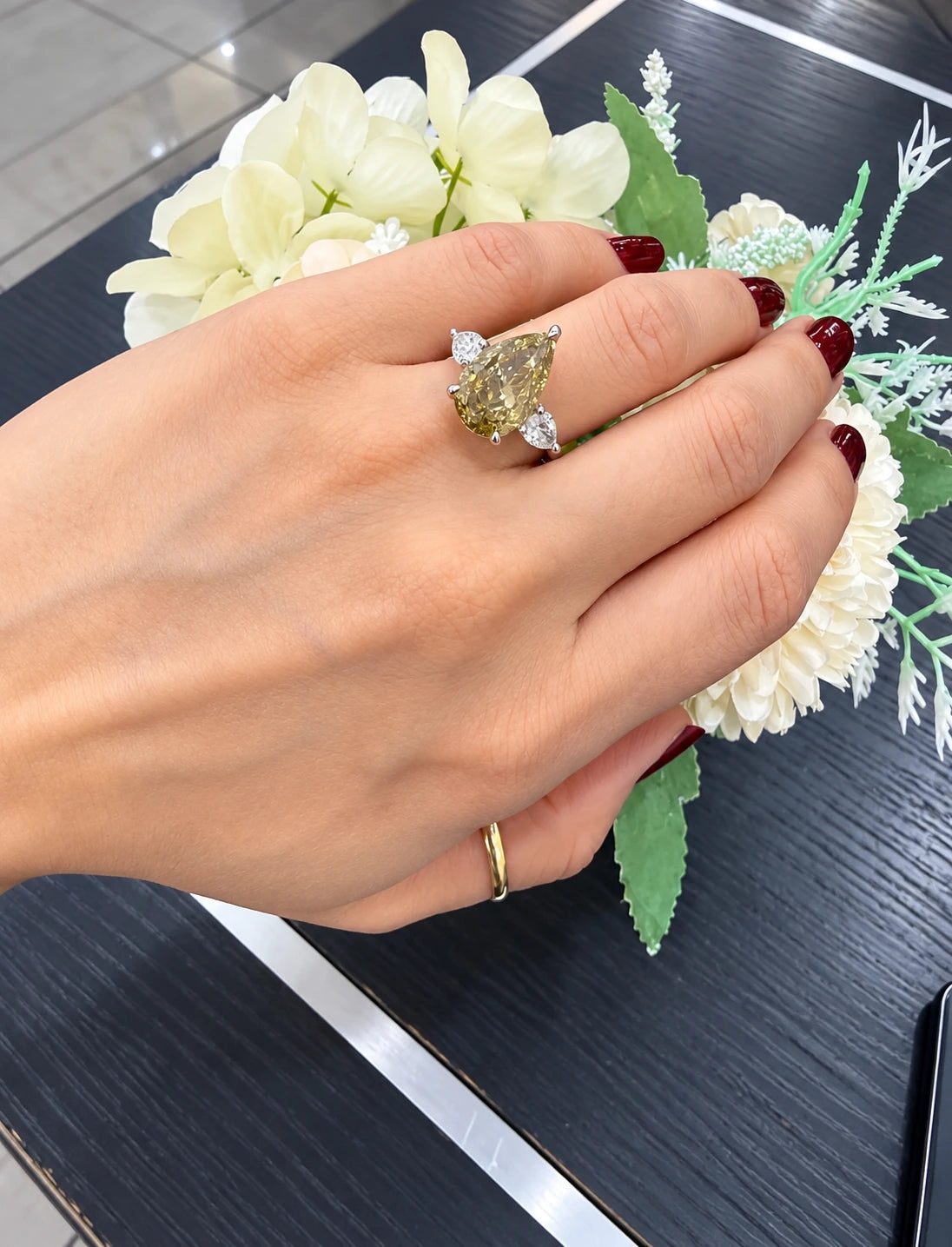 Pear Diamond Fancy Intense Yellow Engagement Ring side Pear Trilogy Ring IGI Lab Grown in Platinum