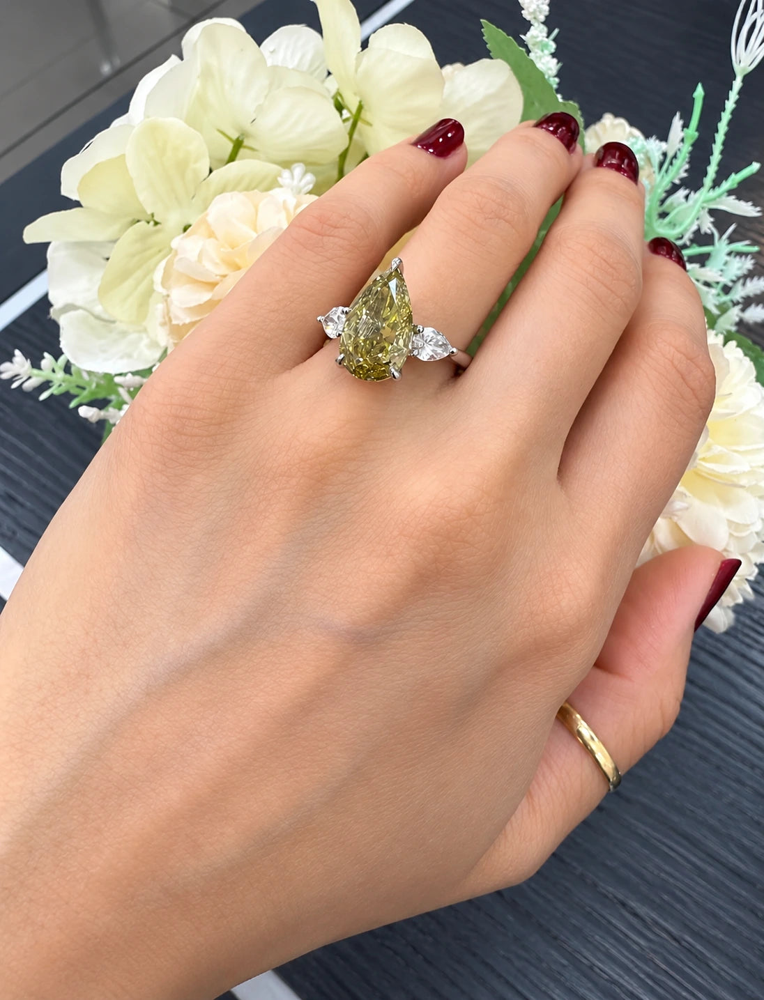 Pear Diamond Fancy Intense Yellow Engagement Ring side Pear Trilogy Ring IGI Lab Grown in Platinum