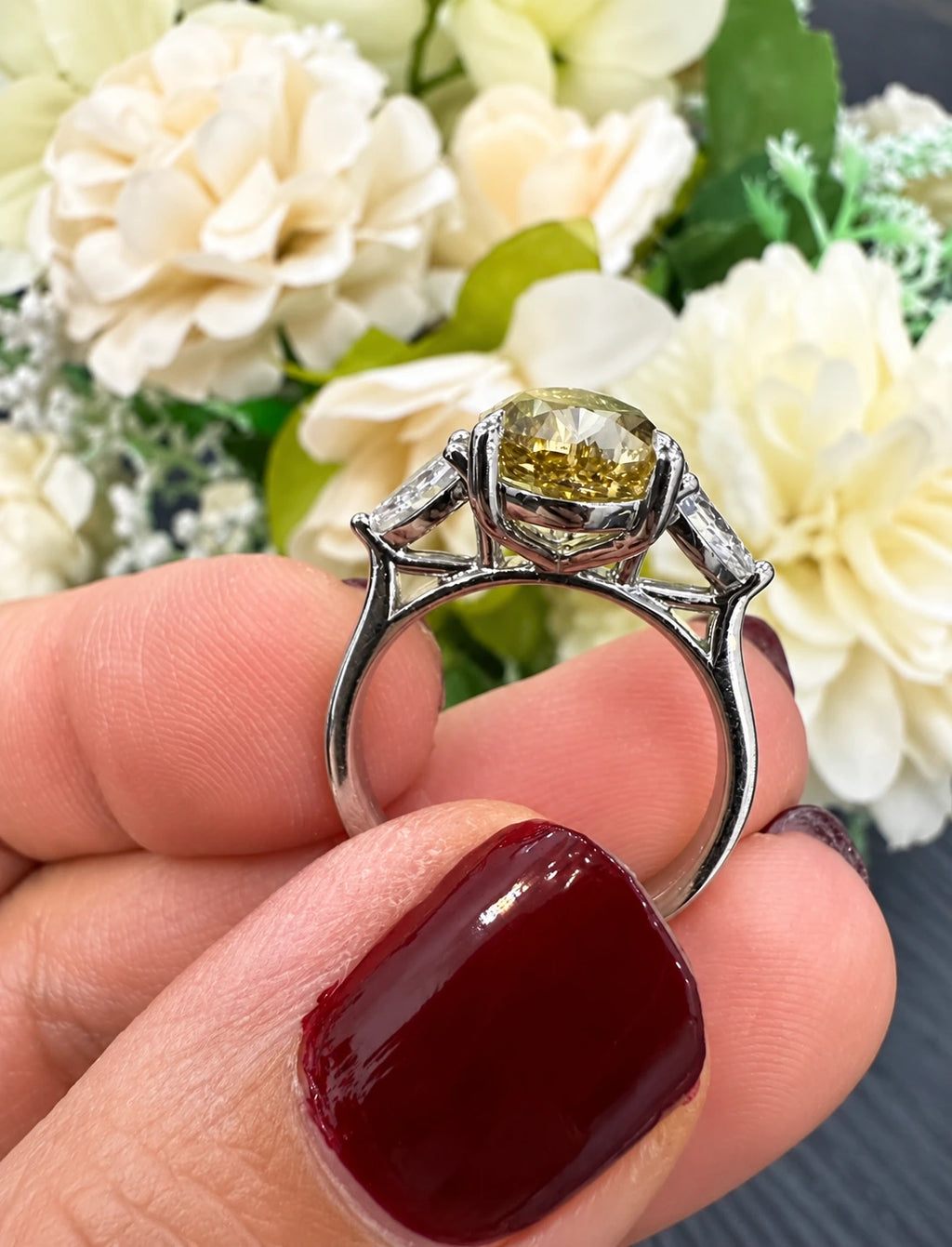 Pear Diamond Fancy Intense Yellow Engagement Ring side Pear Trilogy Ring IGI Lab Grown in Platinum