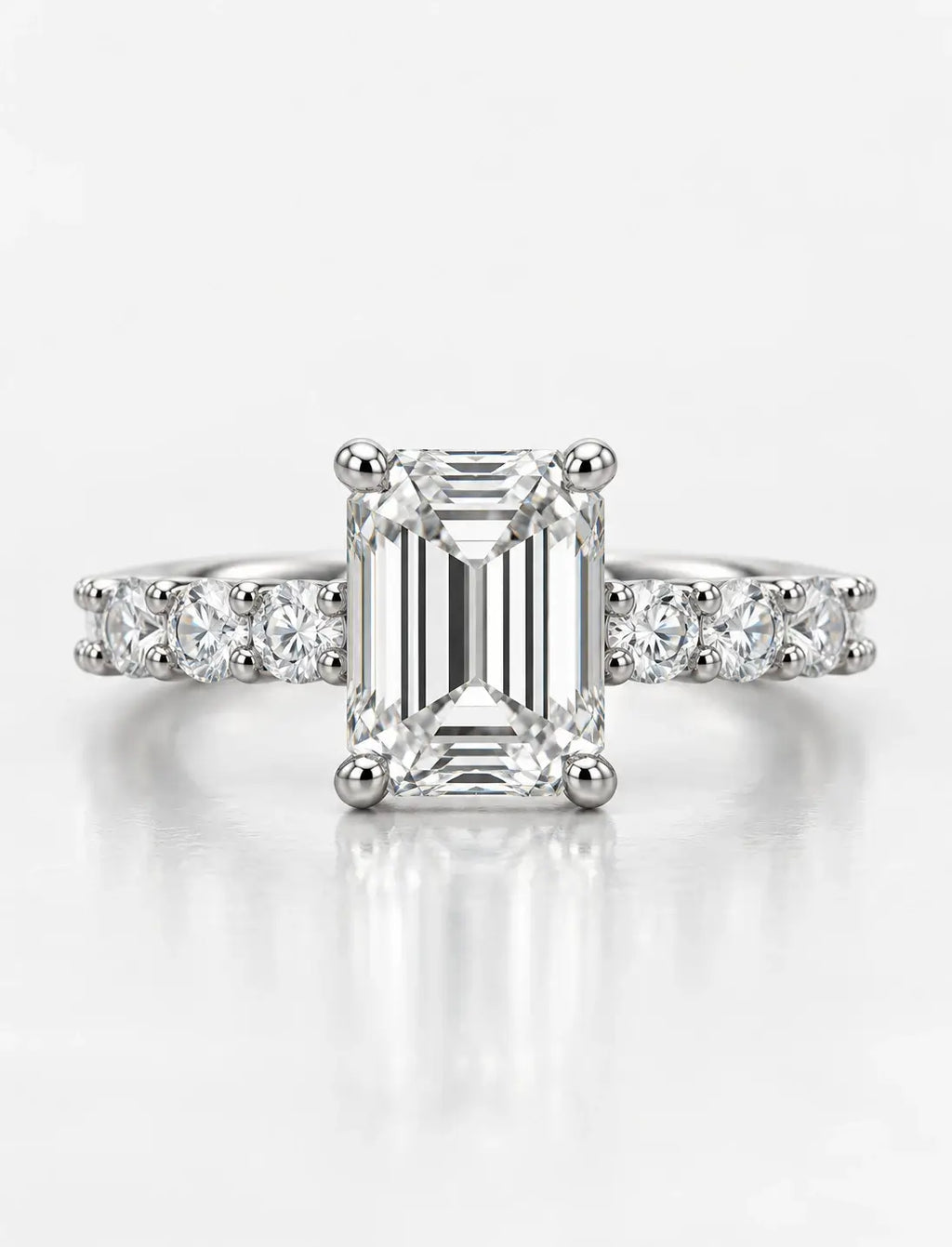 Emerald Diamond Engagement Ring With Side Claw Set Round Brilliant Cut Diamond Ring in Platinum Lab Grown IGI Certified