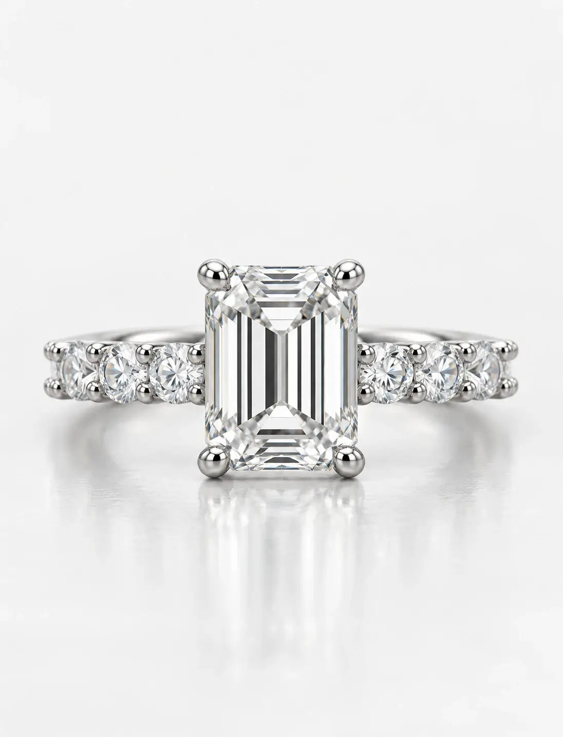 Emerald Diamond Engagement Ring With Side Claw Set Round Brilliant Cut Diamond Ring in Platinum Lab Grown IGI Certified