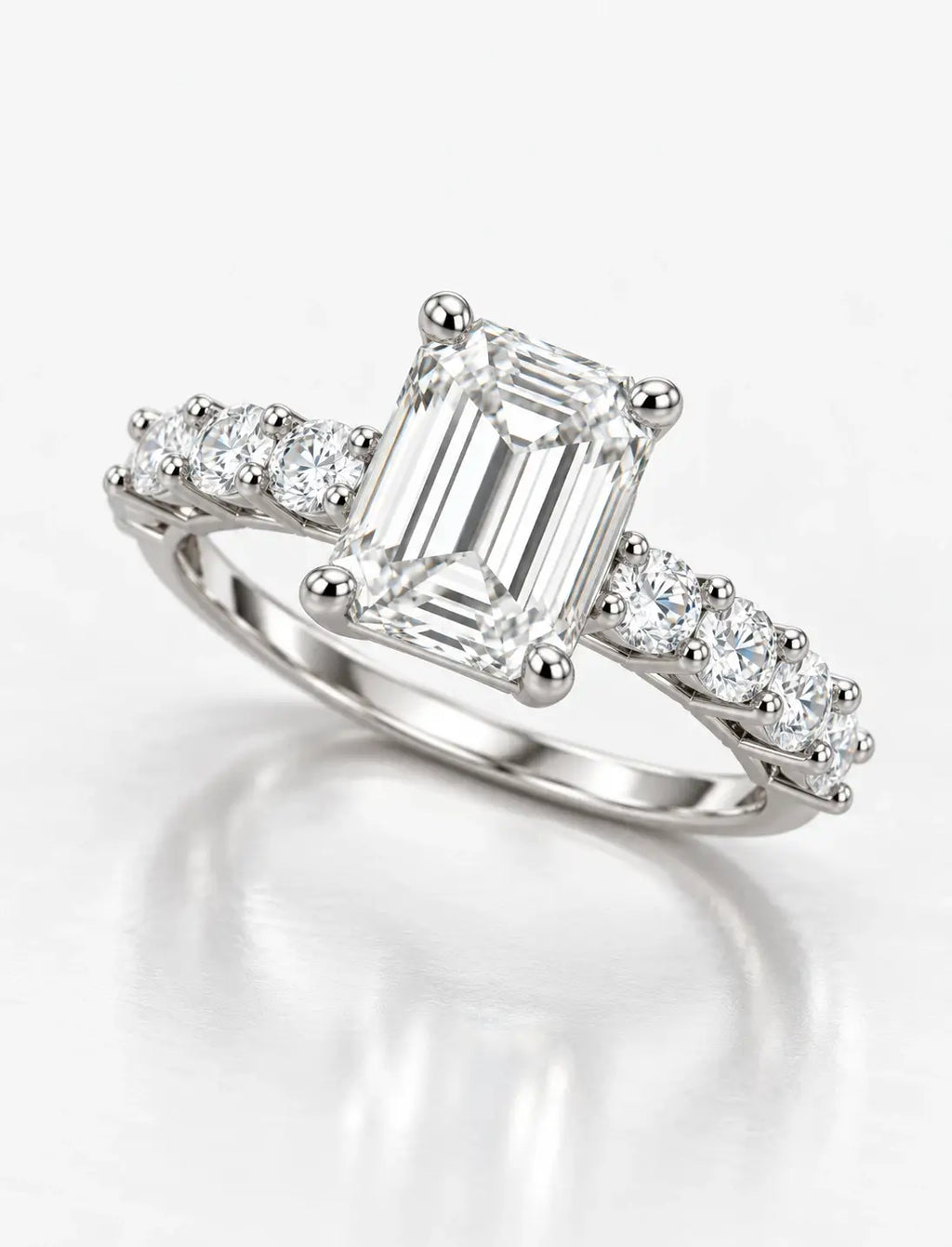Emerald Diamond Engagement Ring With Side Claw Set Round Brilliant Cut Diamond Ring in Platinum Lab Grown IGI Certified