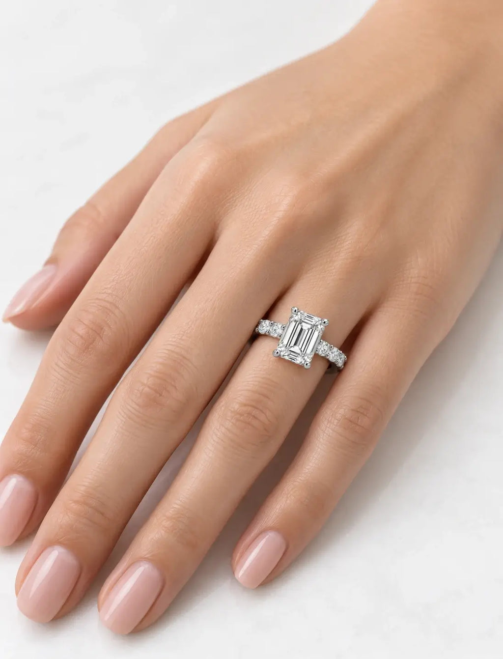 Emerald Diamond Engagement Ring With Side Claw Set Round Brilliant Cut Diamond Ring in Platinum Lab Grown IGI Certified