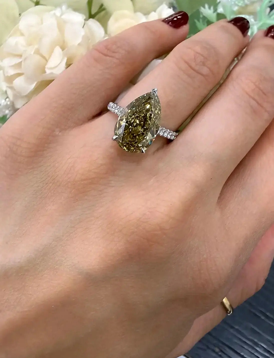 Pear Diamond Fancy Intense Yellow Engagement Ring side Round Solitaire With Side Ring IGI Lab Grown in Platinum