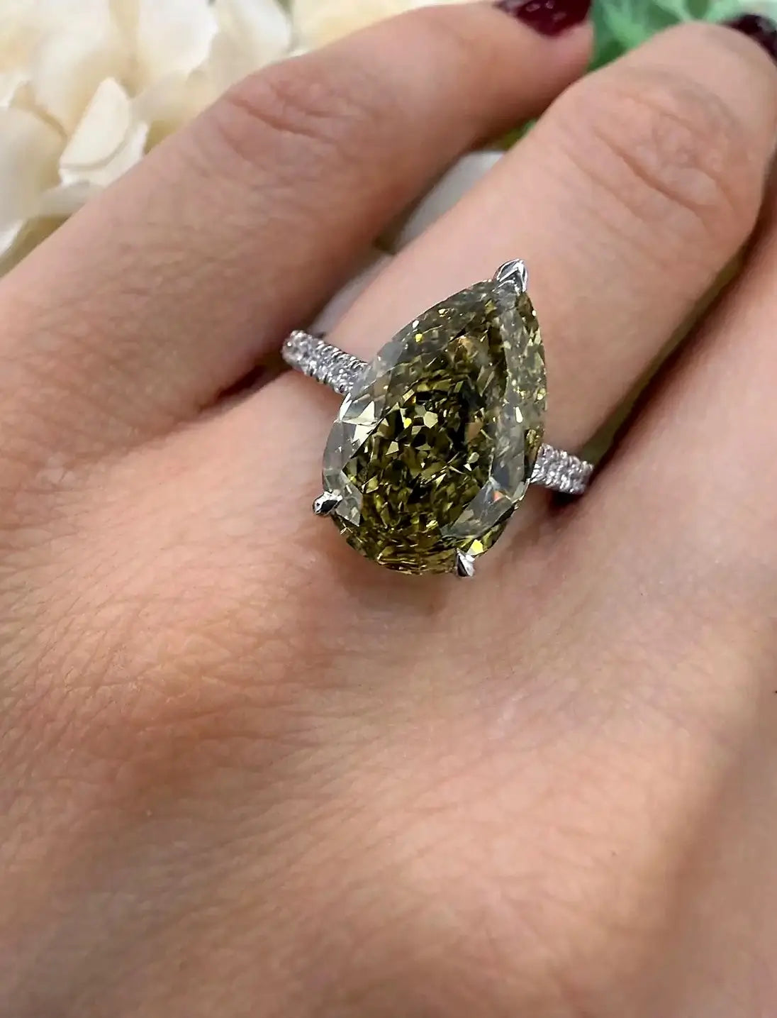 Pear Diamond Fancy Intense Yellow Engagement Ring side Round Solitaire With Side Ring IGI Lab Grown in Platinum