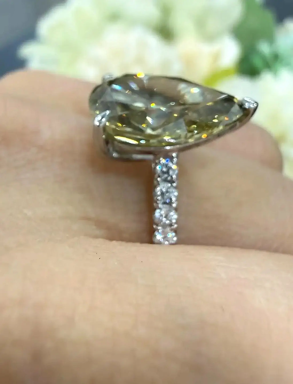 Pear Diamond Fancy Intense Yellow Engagement Ring side Round Solitaire With Side Ring IGI Lab Grown in Platinum