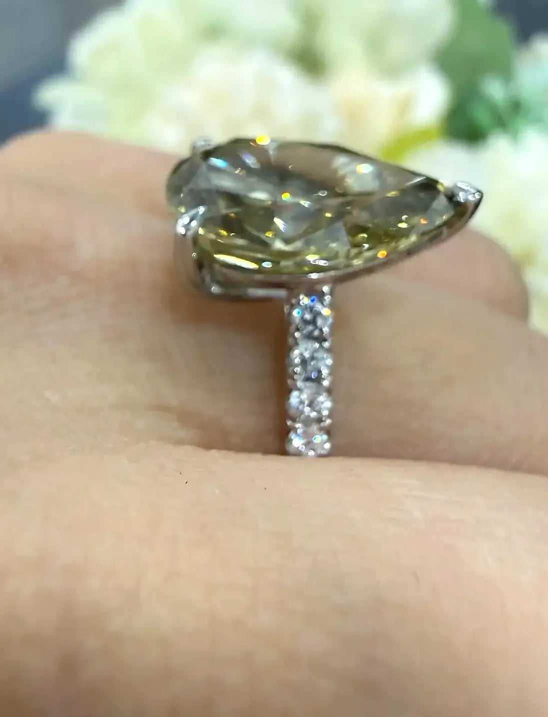 Pear Diamond Fancy Intense Yellow Engagement Ring side Round Solitaire With Side Ring IGI Lab Grown in Platinum