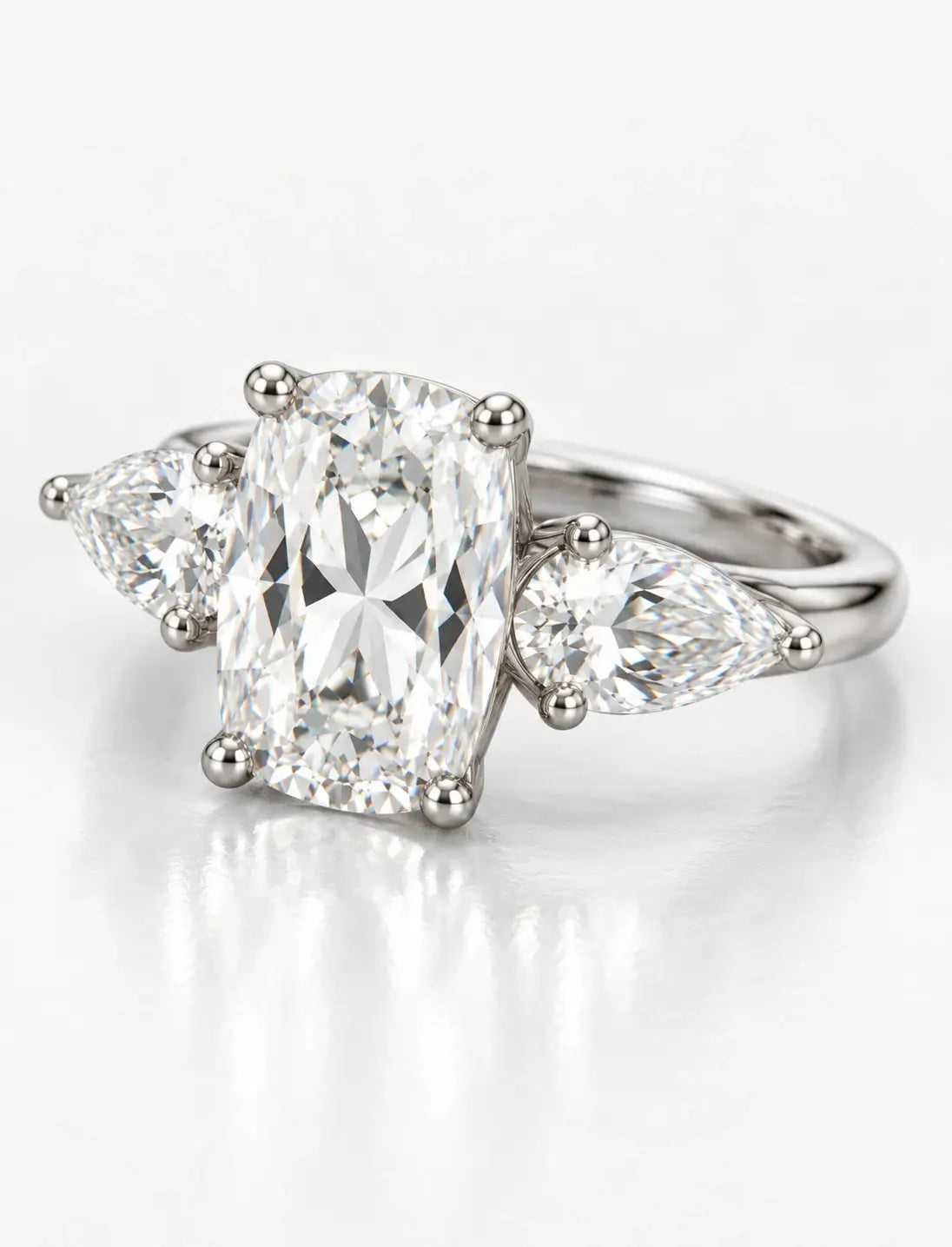 Lab Grown Diamonds IGI Certified Cushion Diamond with side Pear Diamond Trilogy Ring Platinum