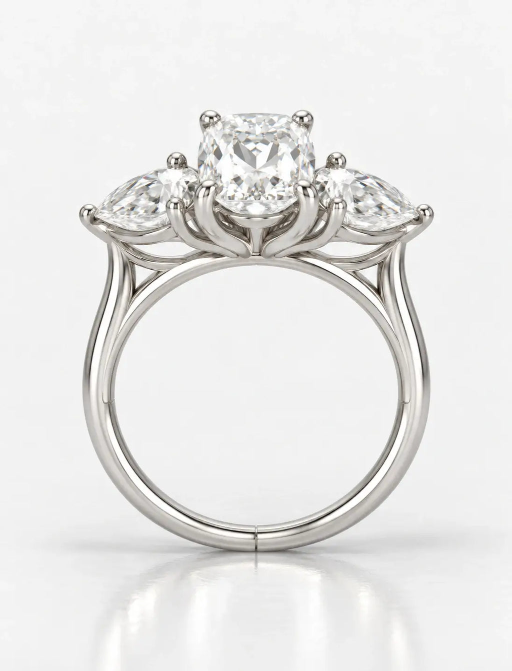 Lab Grown Diamonds IGI Certified Cushion Diamond with side Pear Diamond Trilogy Ring Platinum