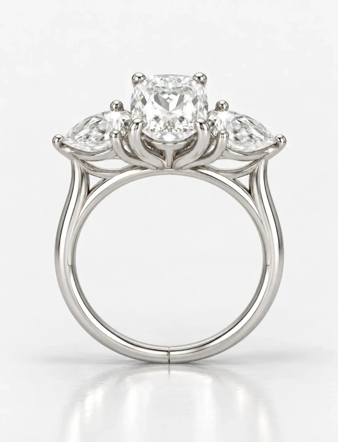 Lab Grown Diamonds IGI Certified Cushion Diamond with side Pear Diamond Trilogy Ring Platinum