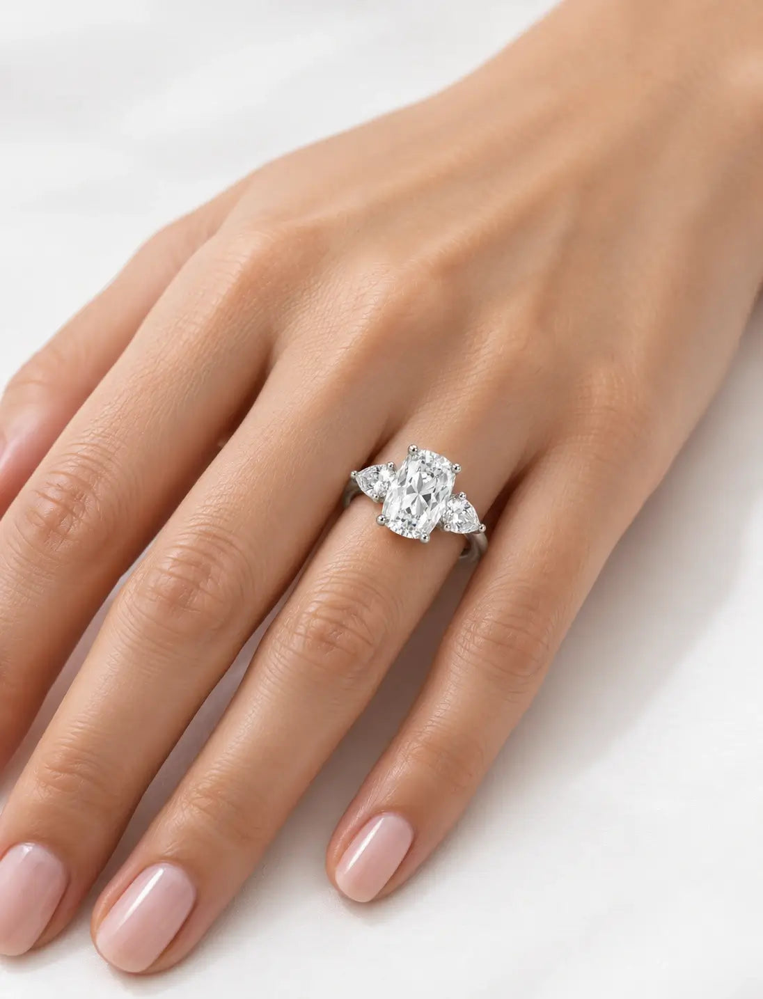 Lab Grown Diamonds IGI Certified Cushion Diamond with side Pear Diamond Trilogy Ring Platinum