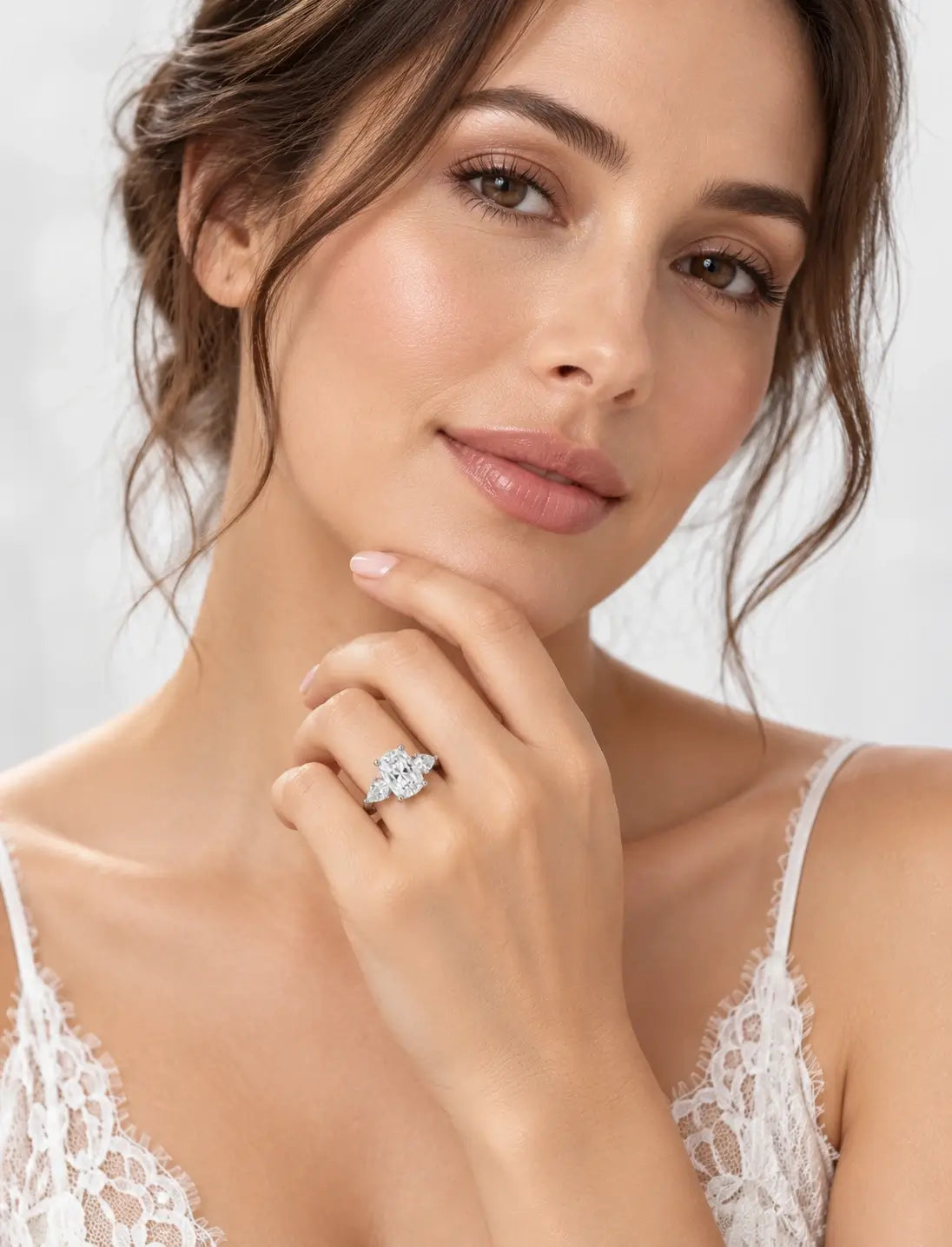 Lab Grown Diamonds IGI Certified Cushion Diamond with side Pear Diamond Trilogy Ring Platinum