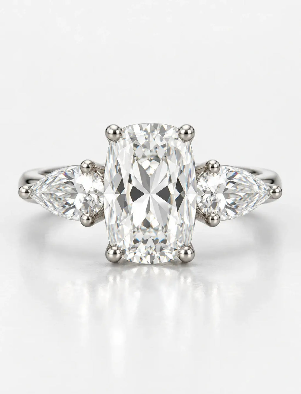 Lab Grown Diamonds IGI Certified Cushion Diamond with side Pear Diamond Trilogy Ring Platinum