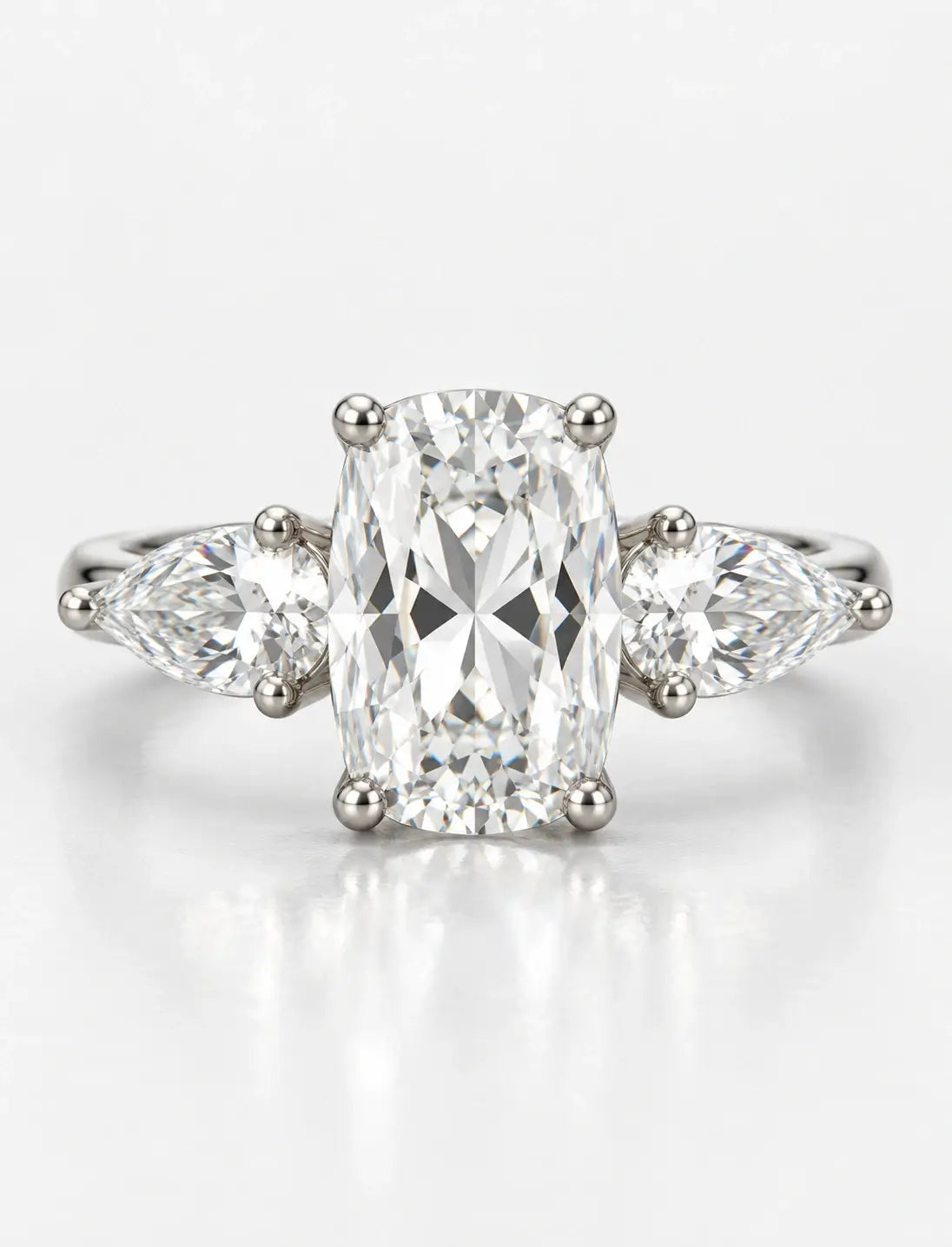 Lab Grown Diamonds IGI Certified Cushion Diamond with side Pear Diamond Trilogy Ring Platinum