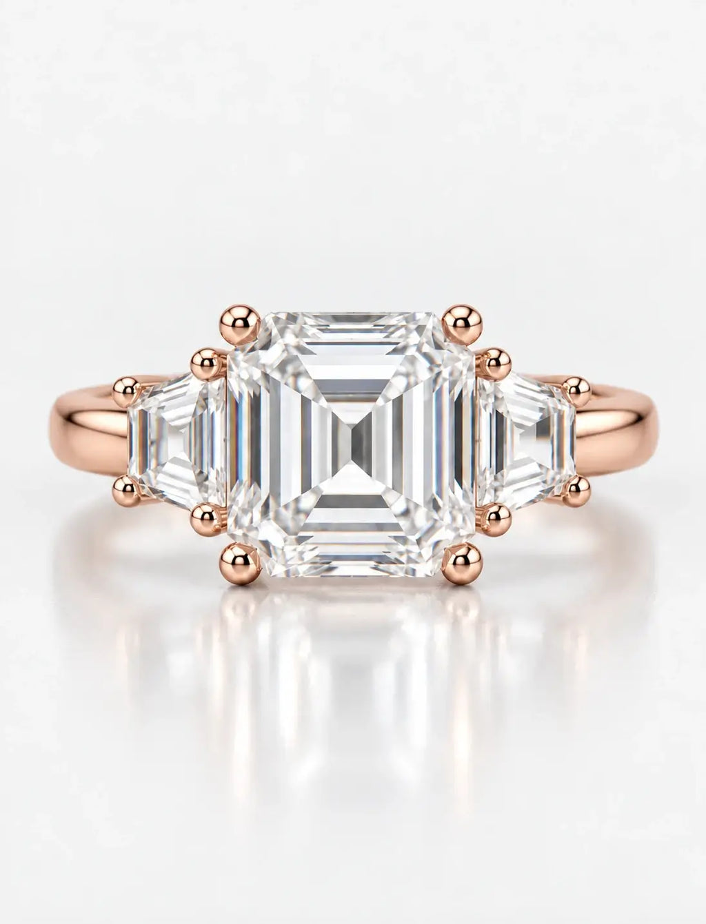 Lab Grown IGI Certified Asscher-Cut Three-Stone Ring with Trapezoid Side Stones in Gold & Platinum
