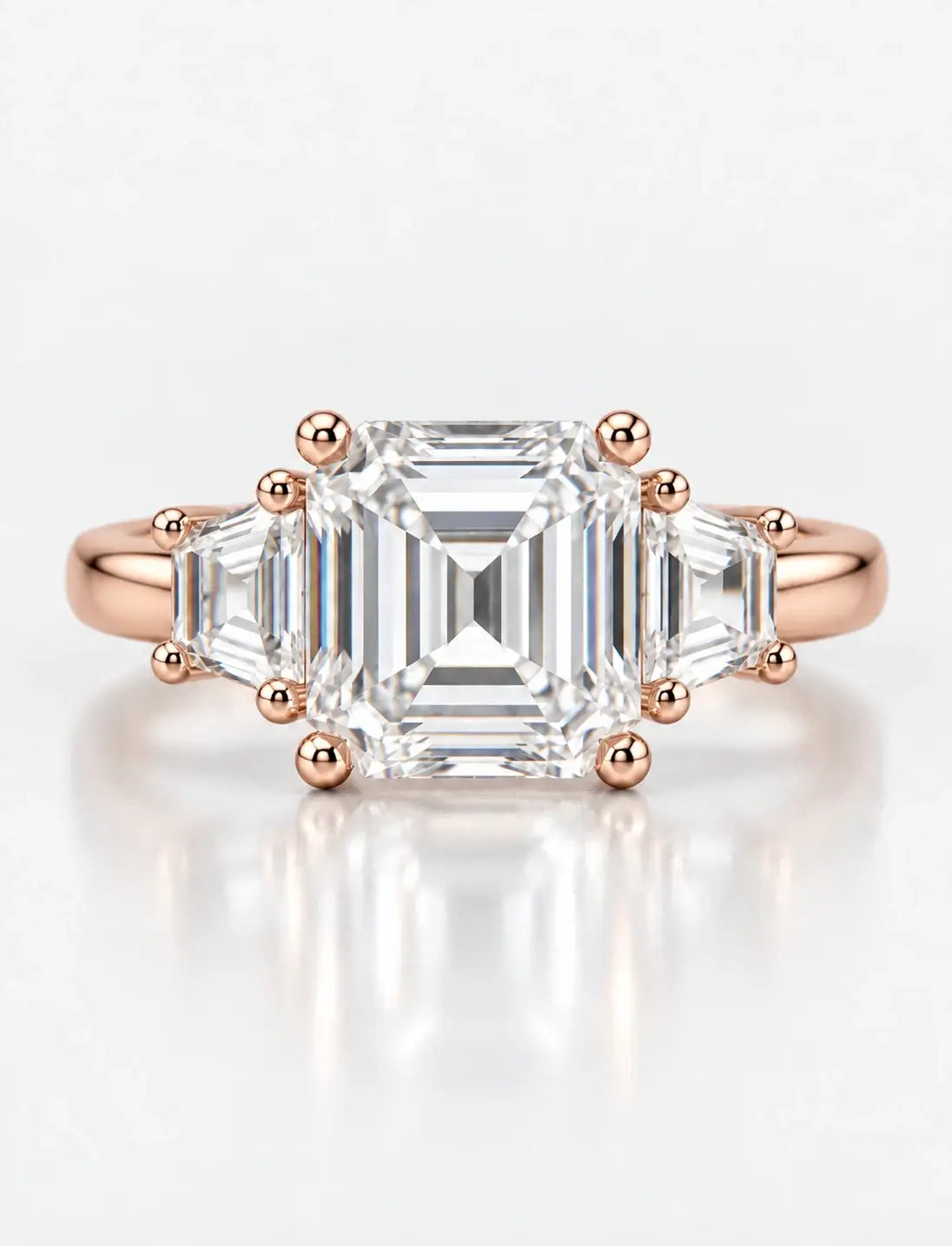 Lab Grown IGI Certified Asscher-Cut Three-Stone Ring with Trapezoid Side Stones in Gold & Platinum
