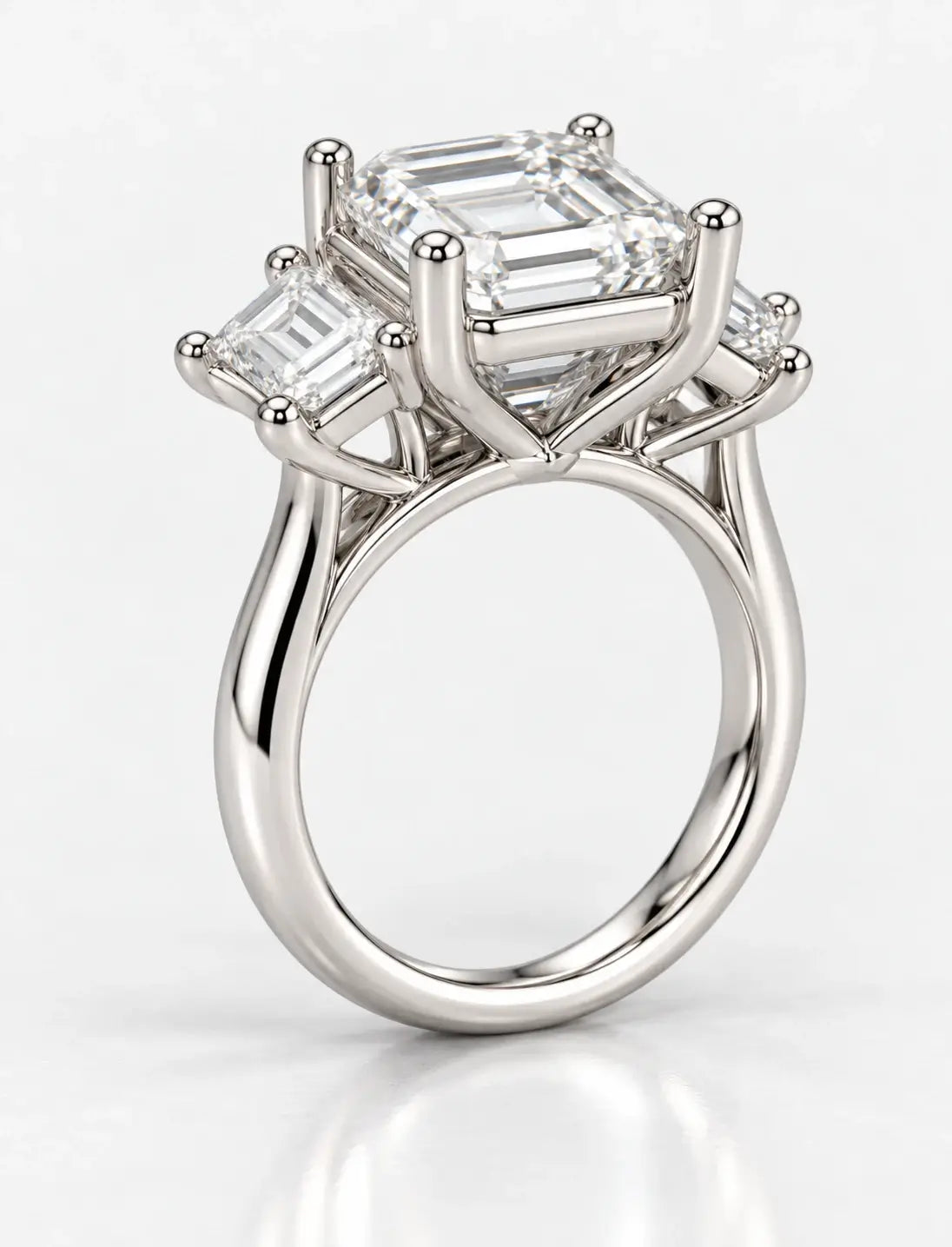 Lab Grown IGI Certified Asscher-Cut Three-Stone Ring with Trapezoid Side Stones in Gold & Platinum