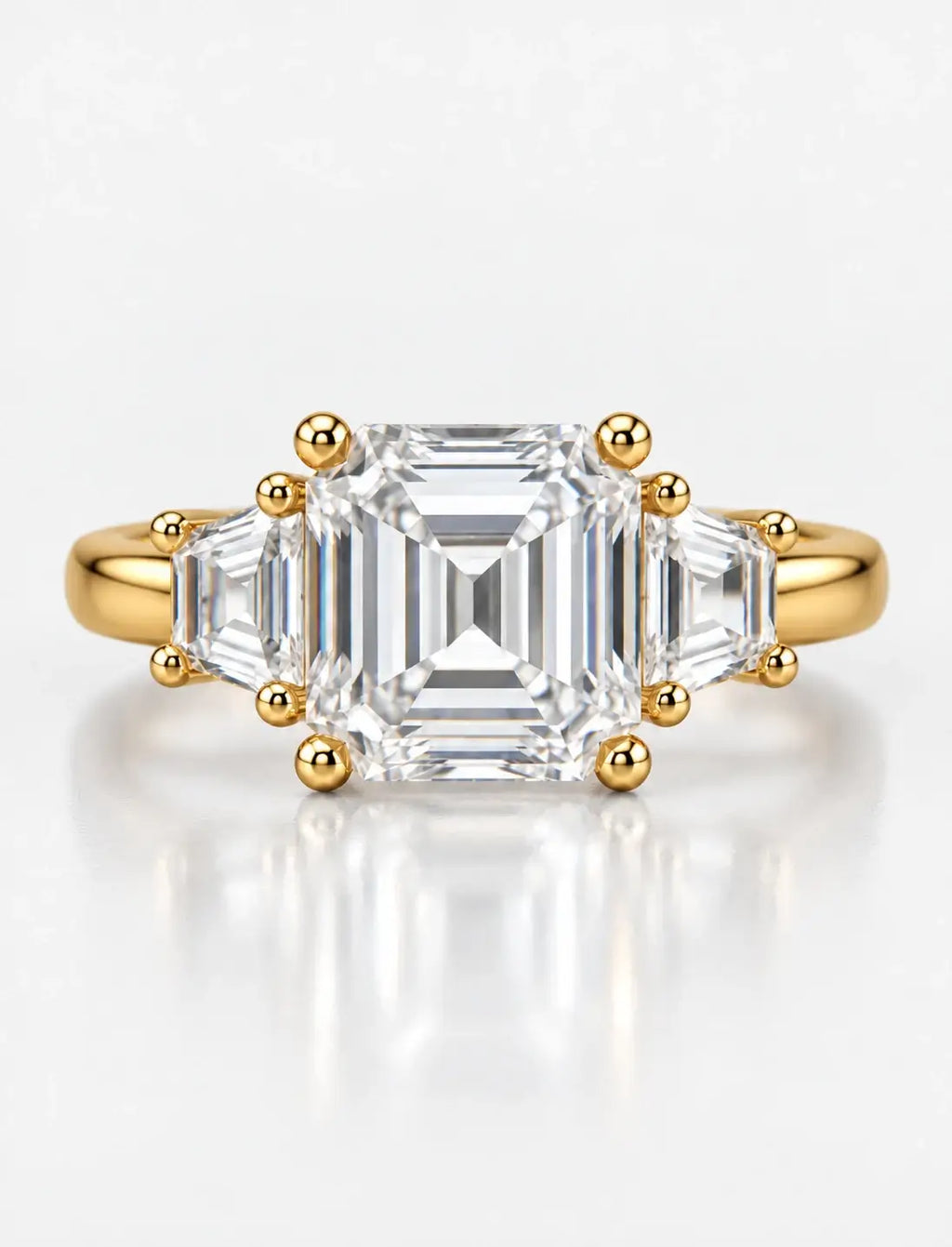 Lab Grown IGI Certified Asscher-Cut Three-Stone Ring with Trapezoid Side Stones in Gold & Platinum