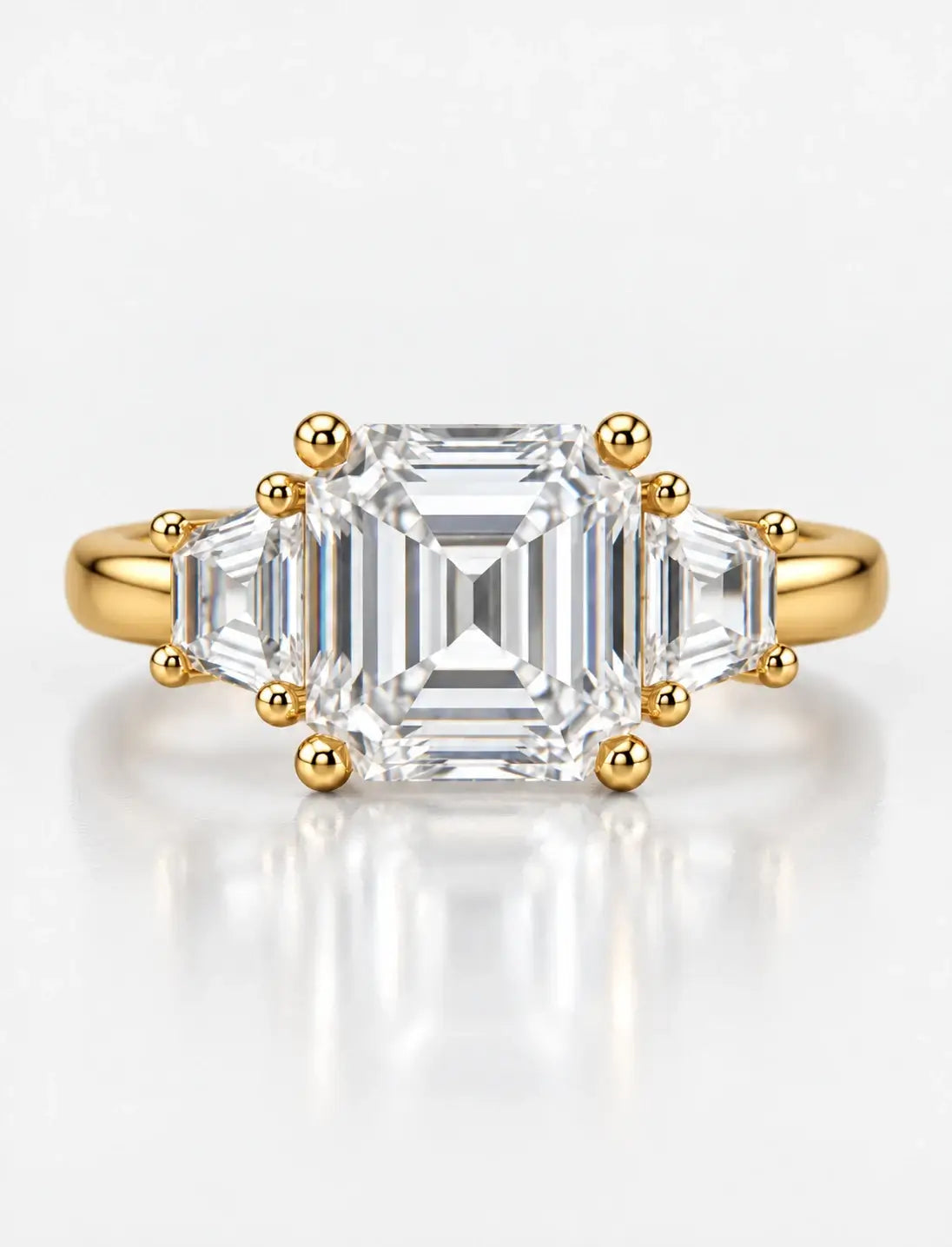 Lab Grown IGI Certified Asscher-Cut Three-Stone Ring with Trapezoid Side Stones in Gold & Platinum