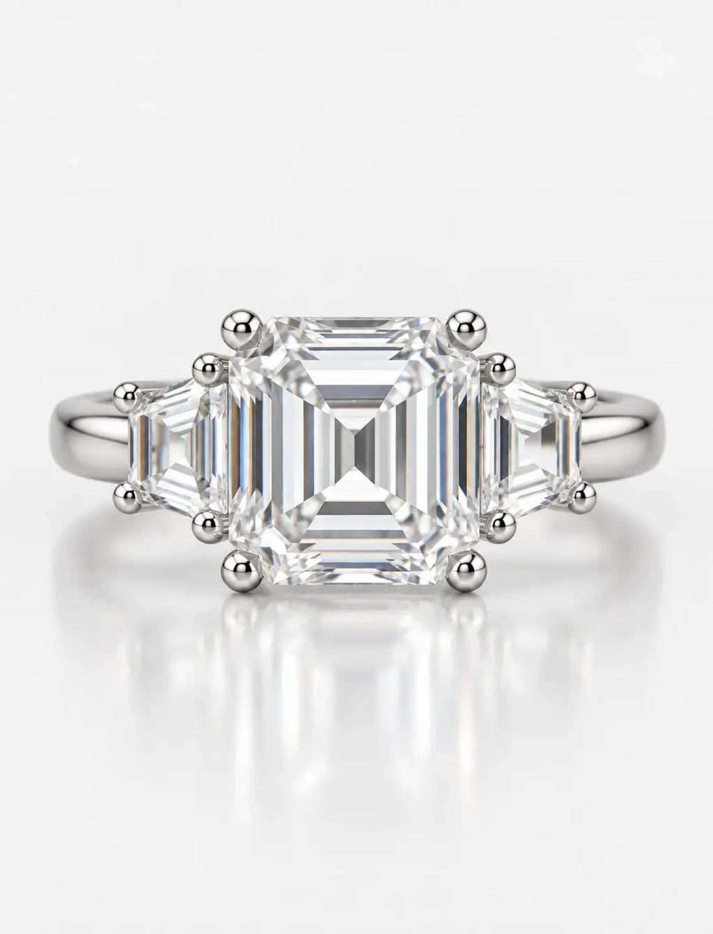 Lab Grown IGI Certified Asscher-Cut Three-Stone Ring with Trapezoid Side Stones in Gold & Platinum