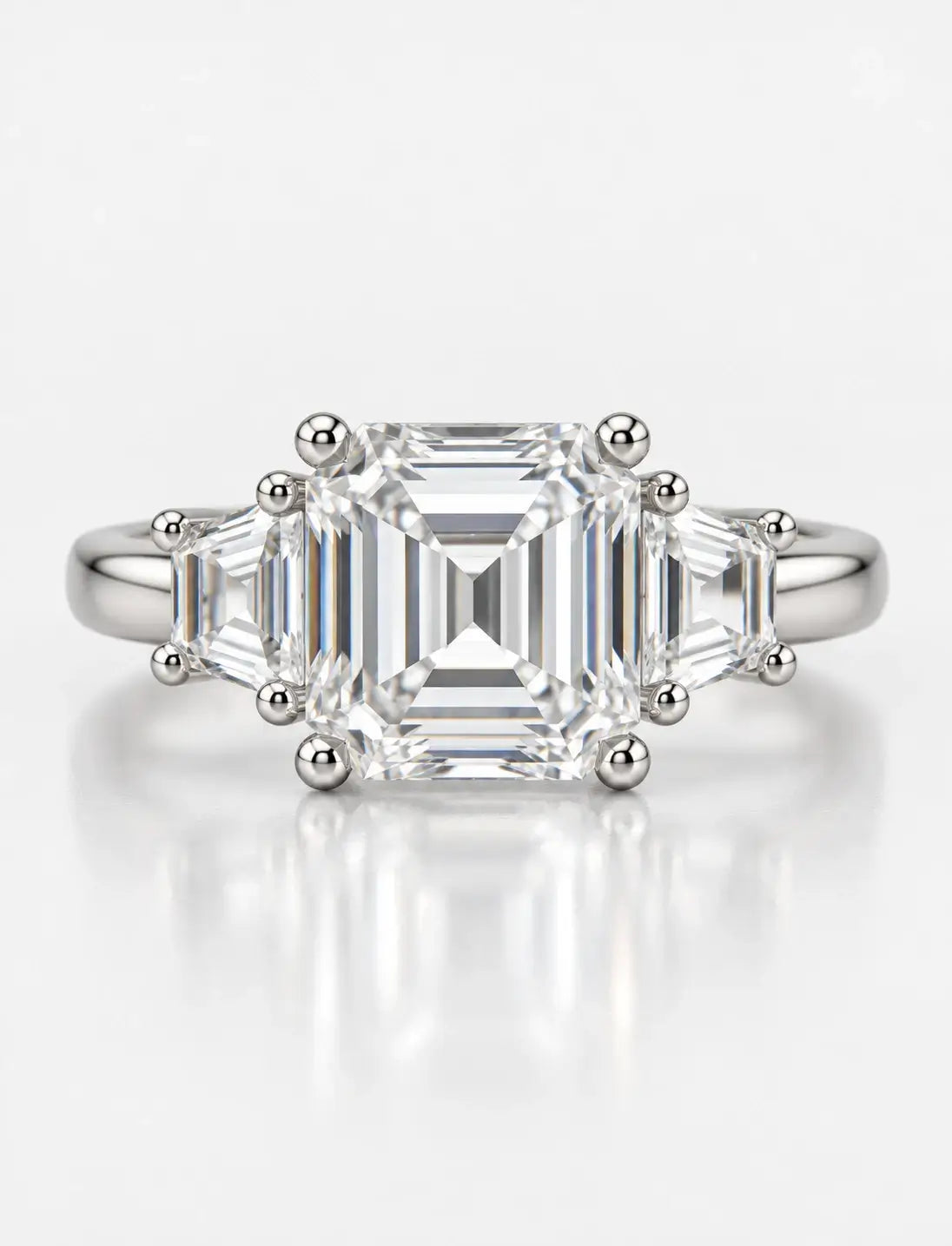 Lab Grown IGI Certified Asscher-Cut Three-Stone Ring with Trapezoid Side Stones in Gold & Platinum