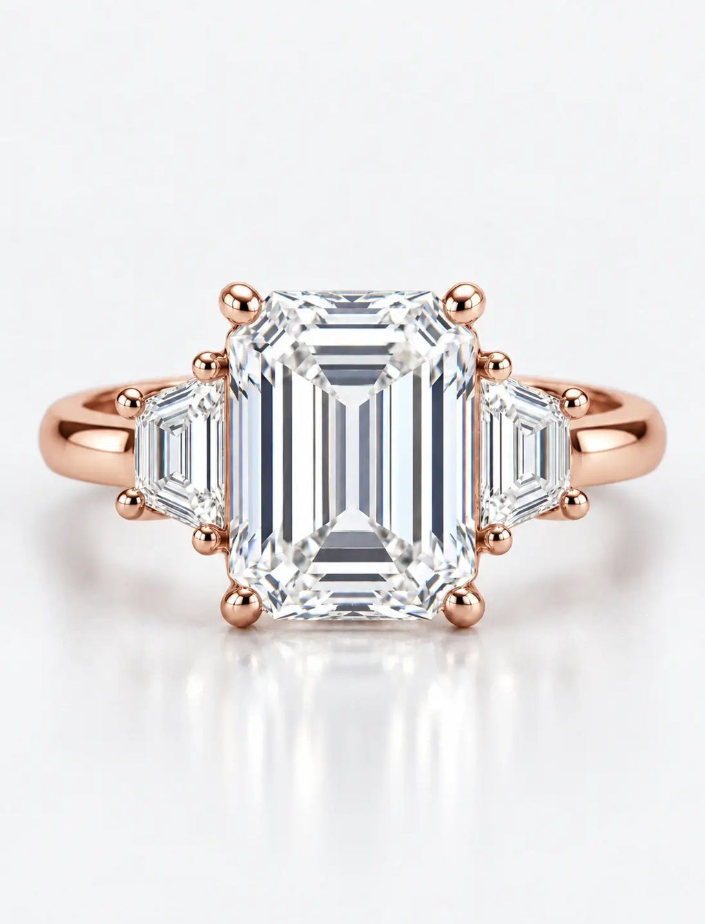 IGI Certified Lab Grown Classic Emerald-Cut Three-Stone Ring with Trapezoid Side Stones in Gold & Platinum