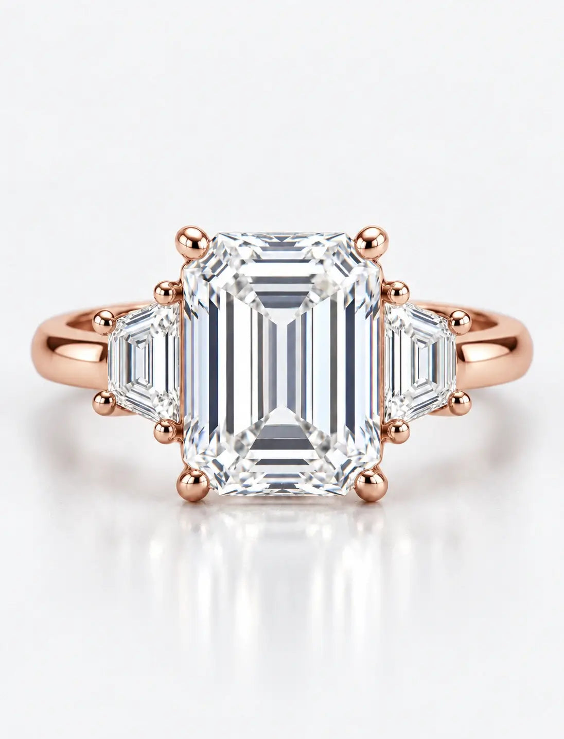 IGI Certified Lab Grown Classic Emerald-Cut Three-Stone Ring with Trapezoid Side Stones in Gold & Platinum