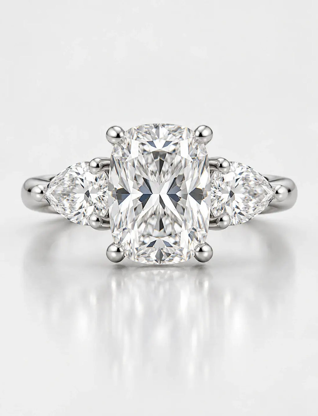Cushion Diamond with side Pear Diamond Trilogy Ring Platinum Lab Grown Diamonds IGI Certified