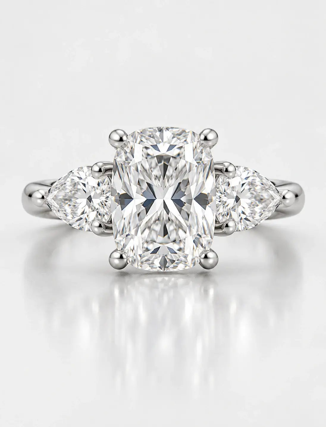 Cushion Diamond with side Pear Diamond Trilogy Ring Platinum Lab Grown Diamonds IGI Certified