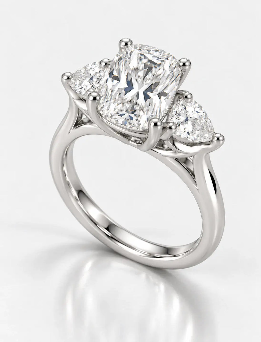 Cushion Diamond with side Pear Diamond Trilogy Ring Platinum Lab Grown Diamonds IGI Certified
