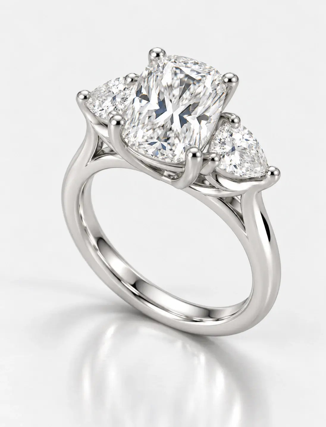 Cushion Diamond with side Pear Diamond Trilogy Ring Platinum Lab Grown Diamonds IGI Certified