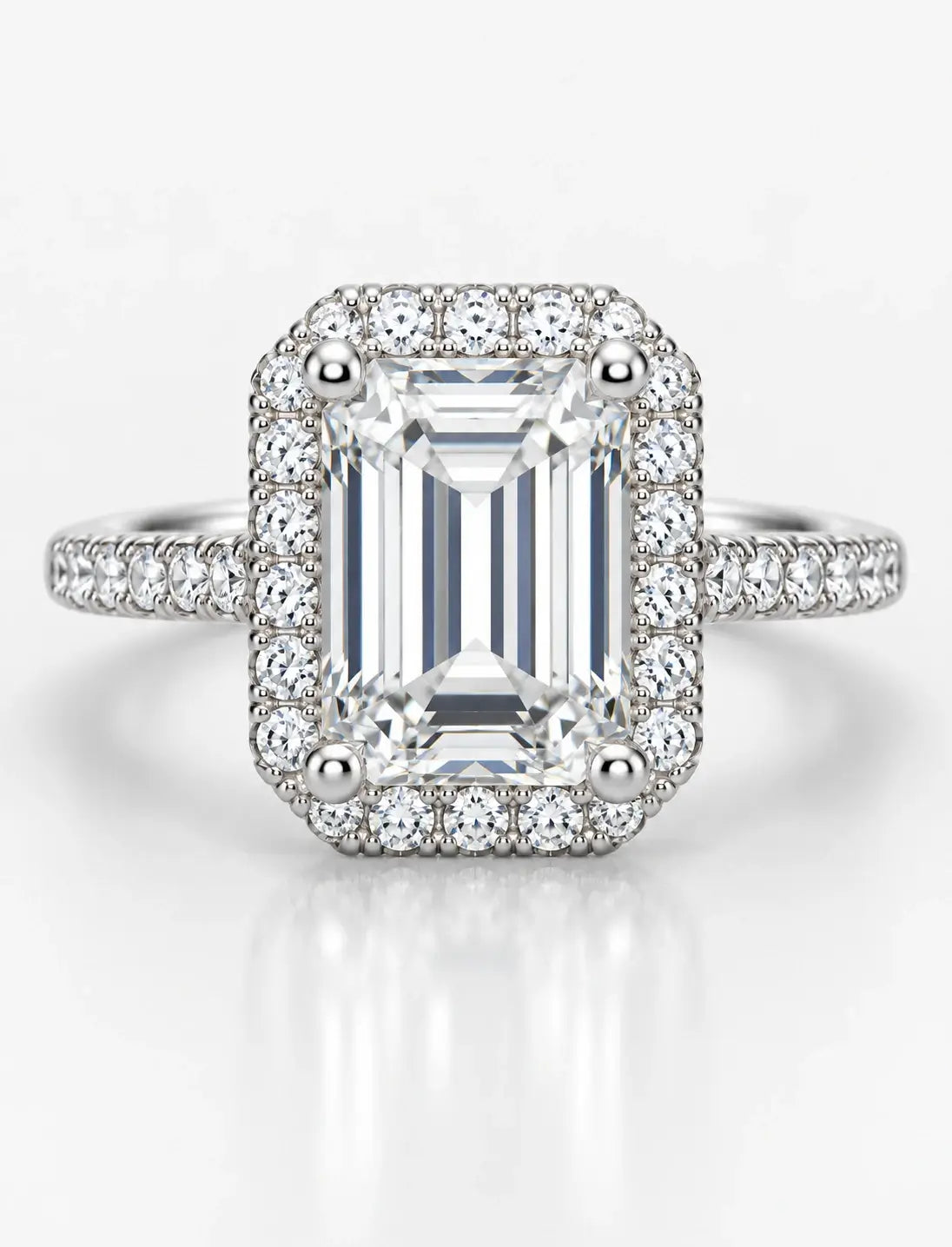 Lab Grown Diamonds IGI Certified Emerald Halo Set Side Round Diamond Engagement Ring Platinum
