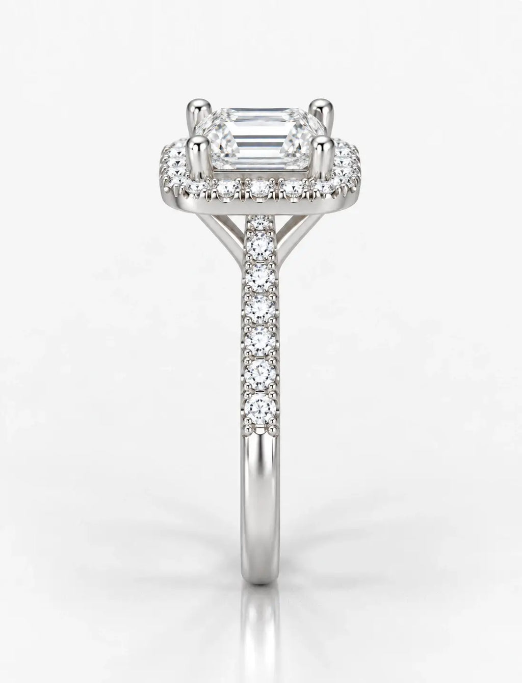 Lab Grown Diamonds IGI Certified Emerald Halo Set Side Round Diamond Engagement Ring Platinum