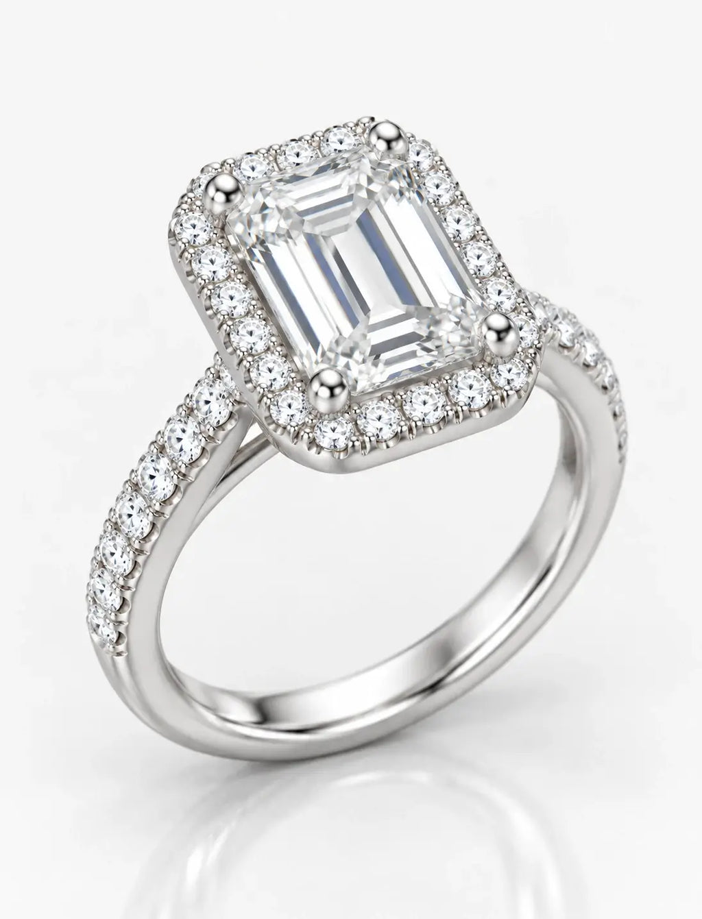 Lab Grown Diamonds IGI Certified Emerald Halo Set Side Round Diamond Engagement Ring Platinum