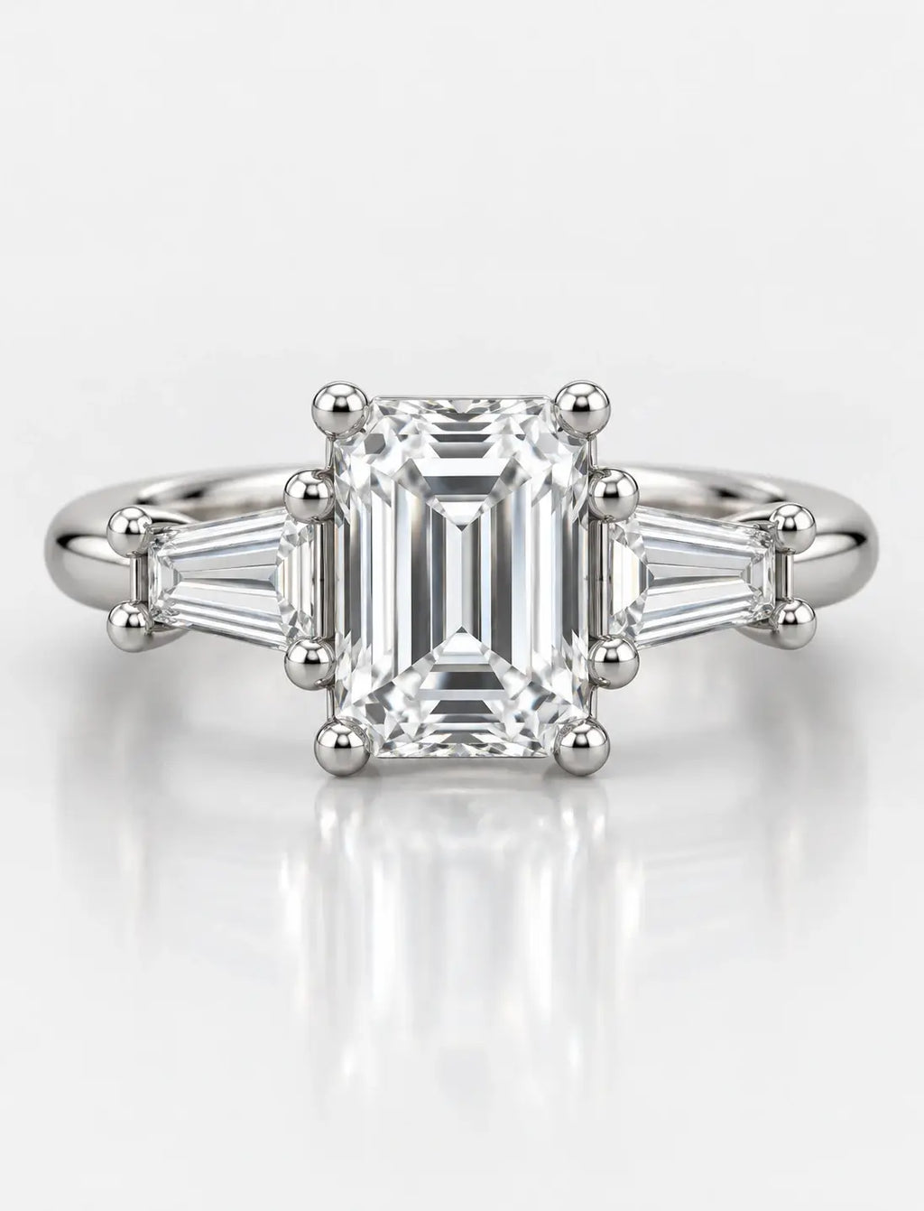 Platinum Lab IGI Emerald-Cut Three-Stone Engagement Ring with Tapered Baguette Side Stones