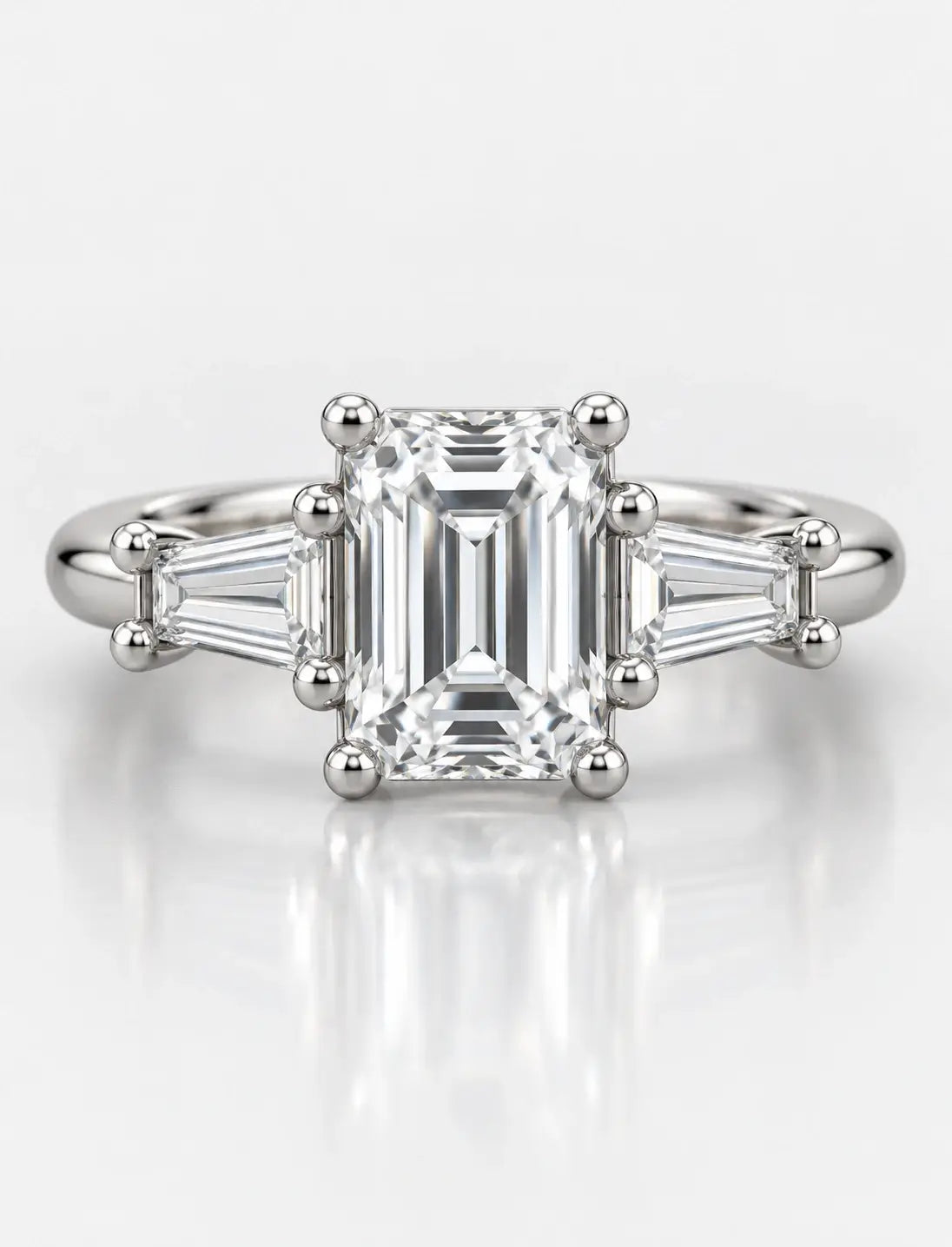 Platinum Lab IGI Emerald-Cut Three-Stone Engagement Ring with Tapered Baguette Side Stones