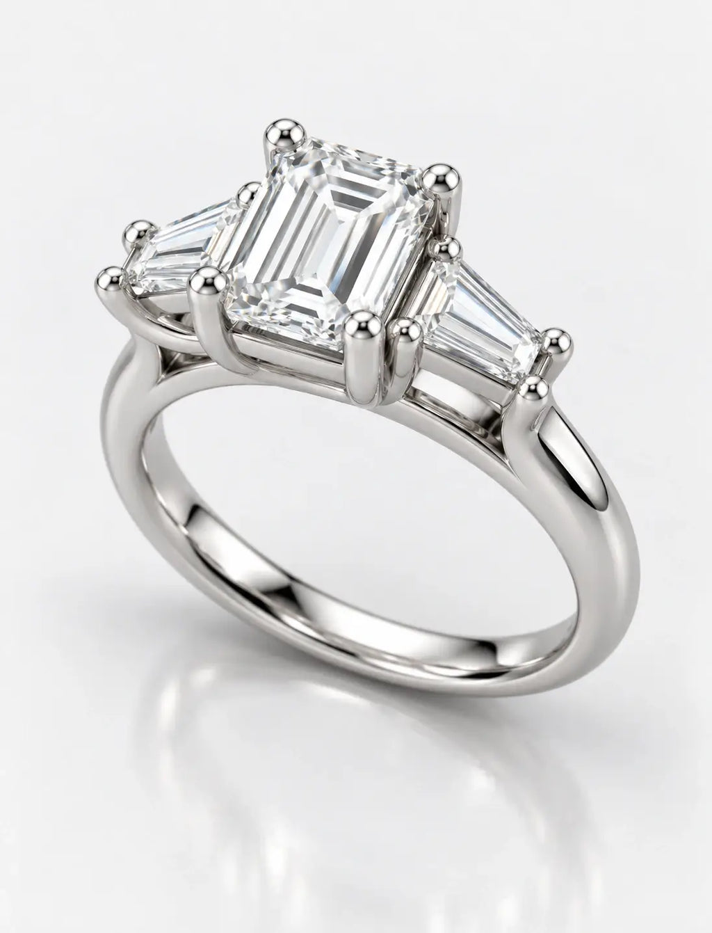 Platinum Lab IGI Emerald-Cut Three-Stone Engagement Ring with Tapered Baguette Side Stones