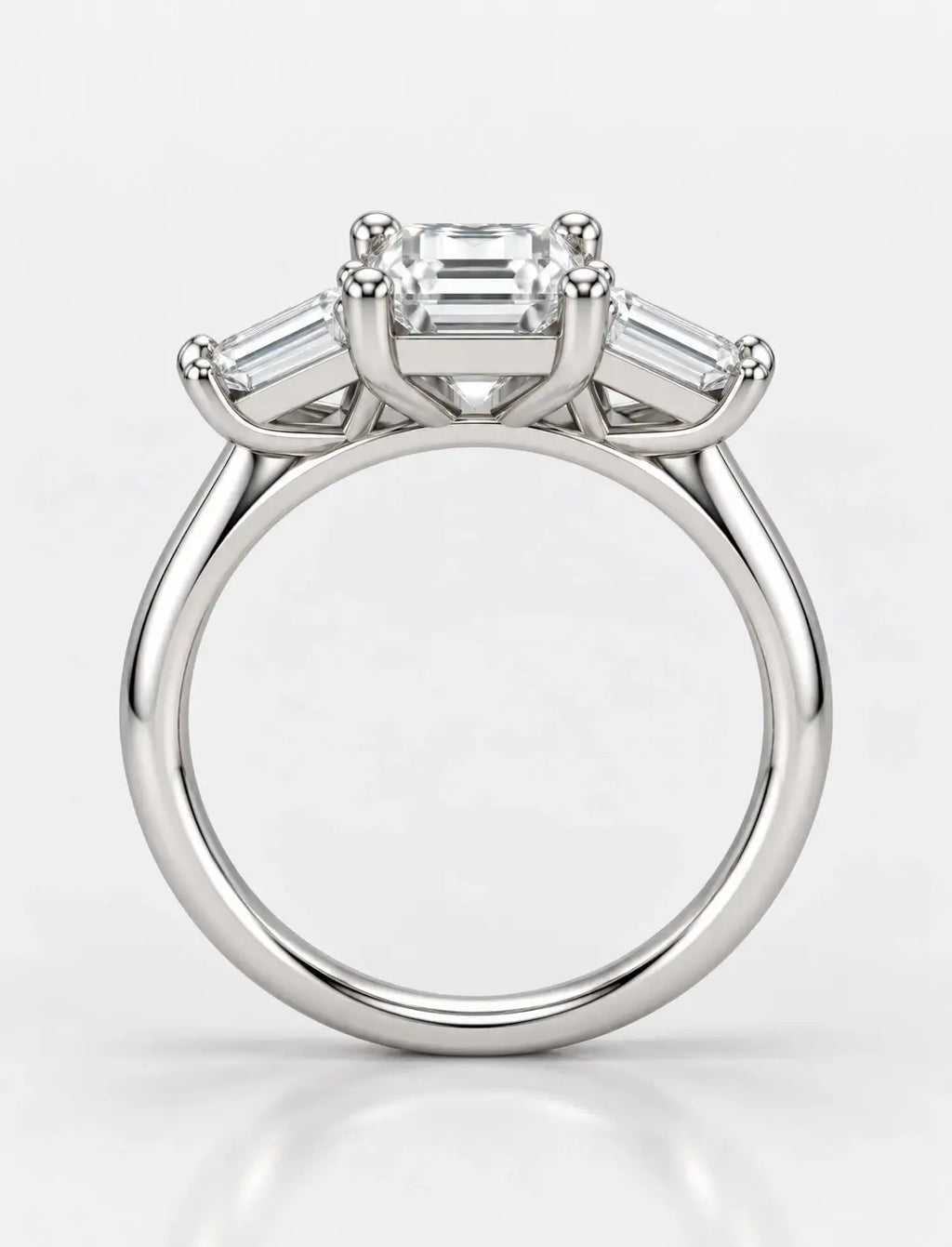 Platinum Lab IGI Emerald-Cut Three-Stone Engagement Ring with Tapered Baguette Side Stones