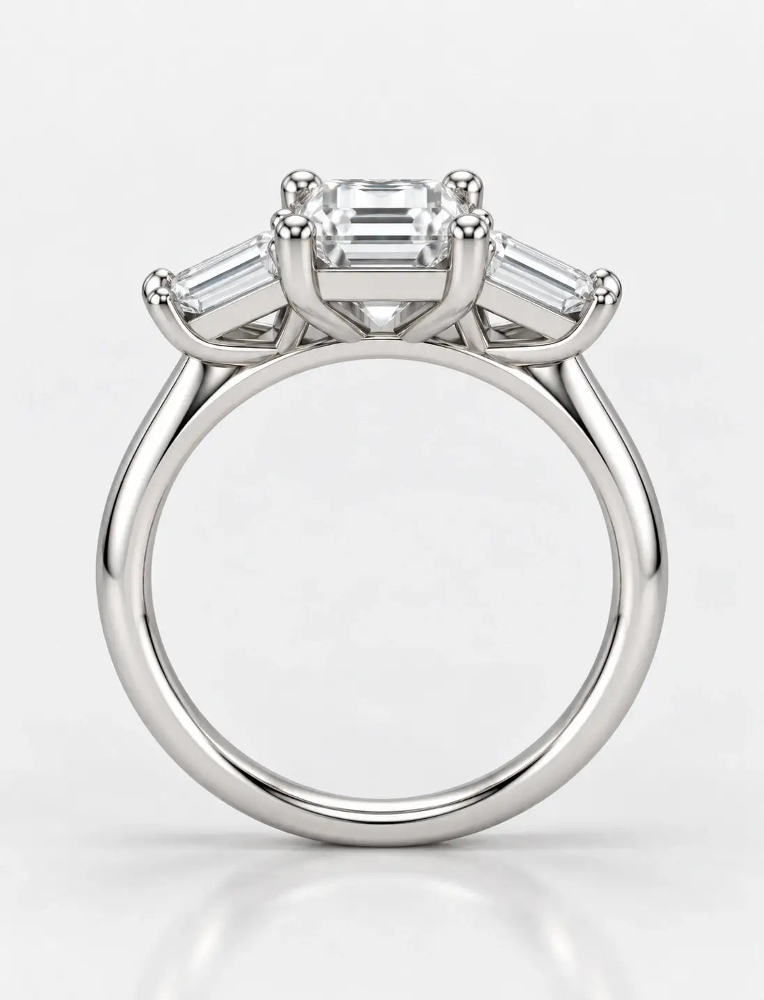 Platinum Lab IGI Emerald-Cut Three-Stone Engagement Ring with Tapered Baguette Side Stones